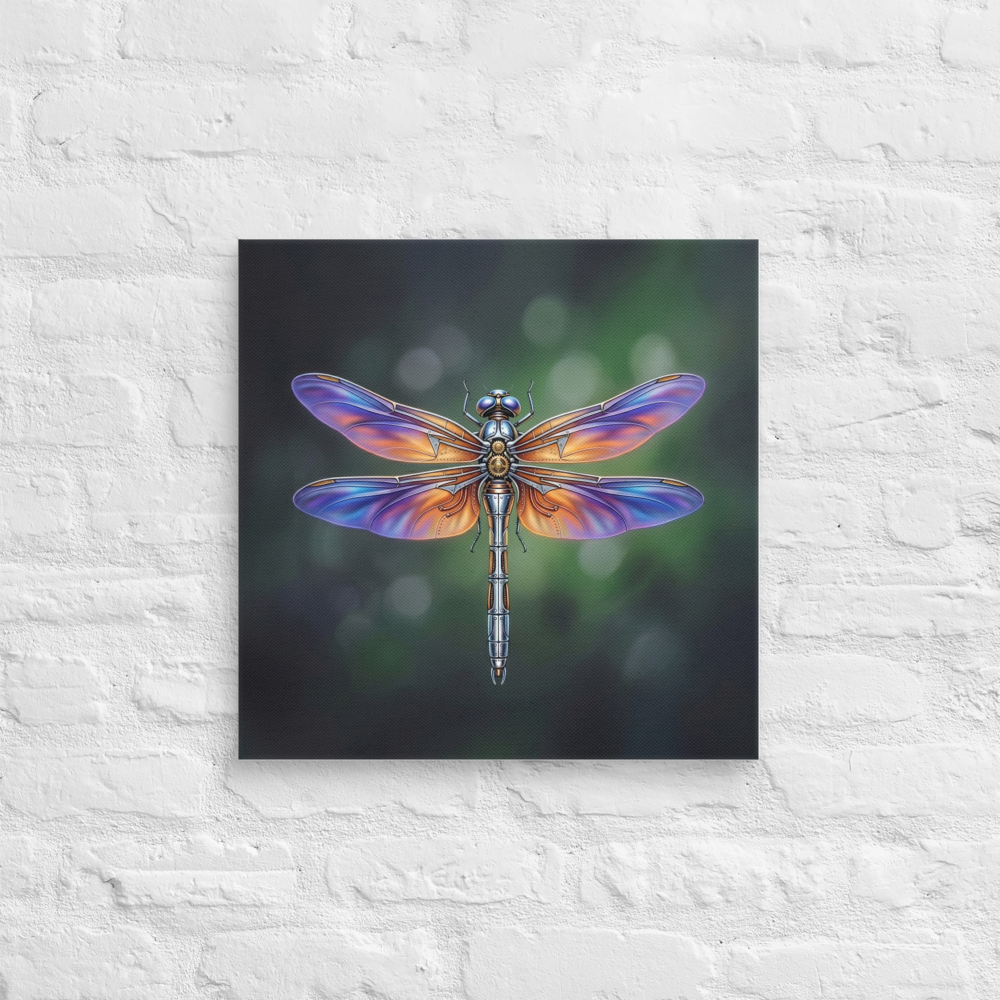 'Gears of the Dragonfly' — a Surrealism print. A highly detailed mechanical dragonfly with glowing purple and orange wings and brass gears on its back, set against a dark green background, perfect for a Living Room.