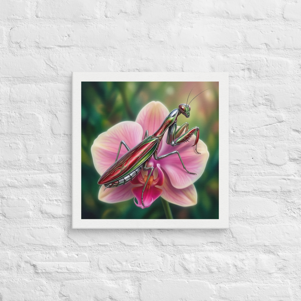 'Chrome Mantis' — a Surrealism print. A vibrant illustration of a metallic praying mantis painted like a hot rod in cherry red and chrome sitting on a pink orchid, perfect for a studio.