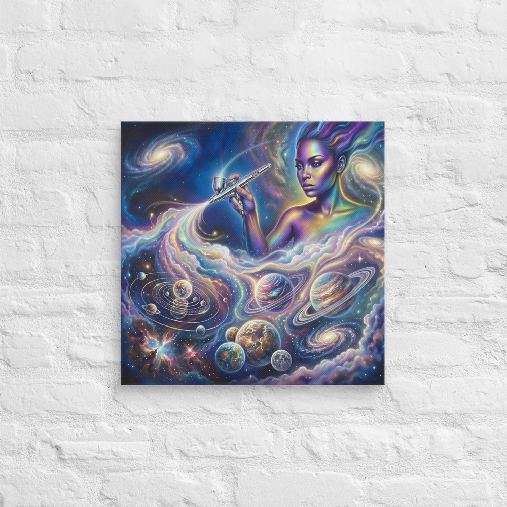'The Cosmic Painter' — a Space art print. A glowing, ethereal woman painting planets and galaxies into a vibrant cosmic sky using an airbrush, a stunning focal point for a Bedroom.