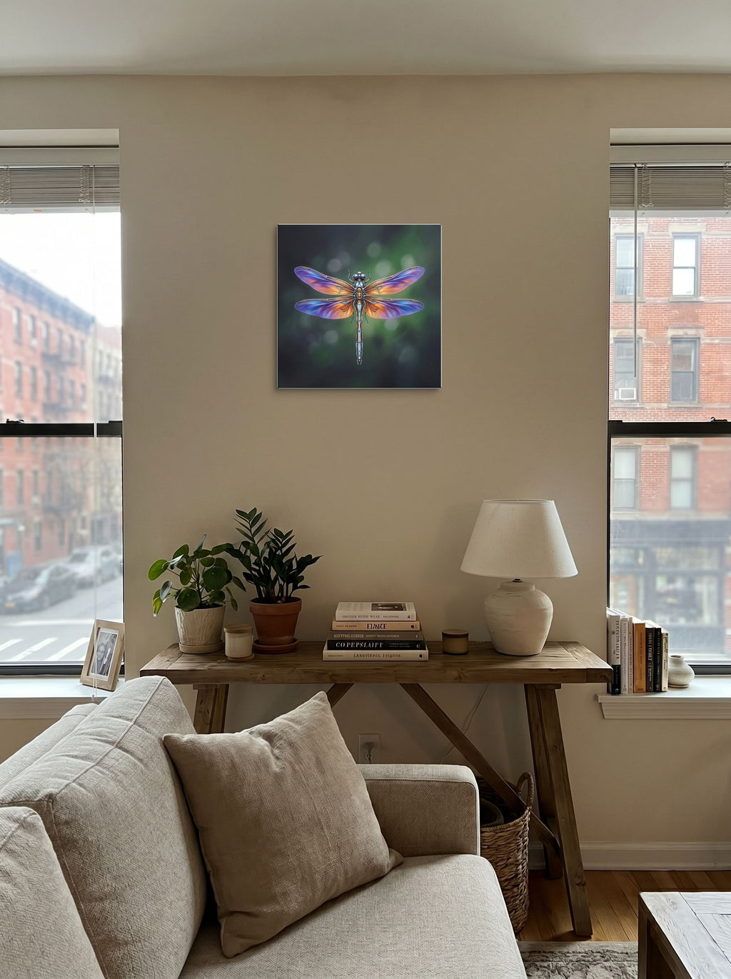 A 18x18 inch canvas Surrealism print of 'Gears of the Dragonfly' displayed in the center of a living room.