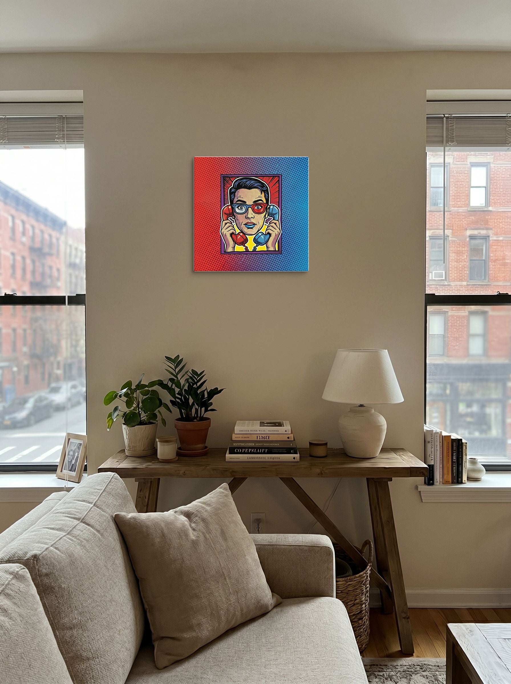 A 18x18 inch canvas Pop art print of 'Bipartisan Static' displayed in the center of a living room.