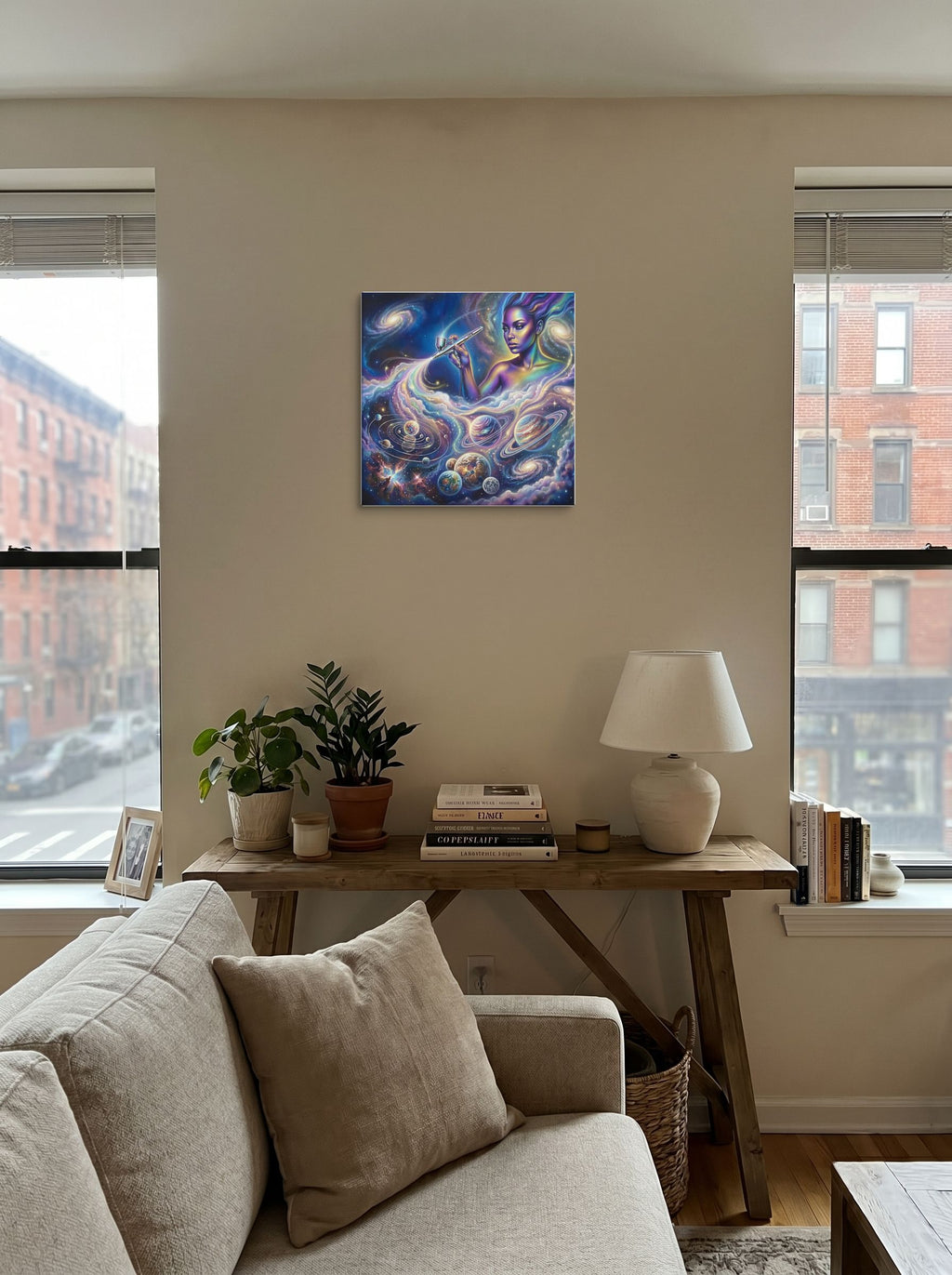 A 18x18 inch canvas Space art print of 'The Cosmic Painter' displayed in the center of a living room.