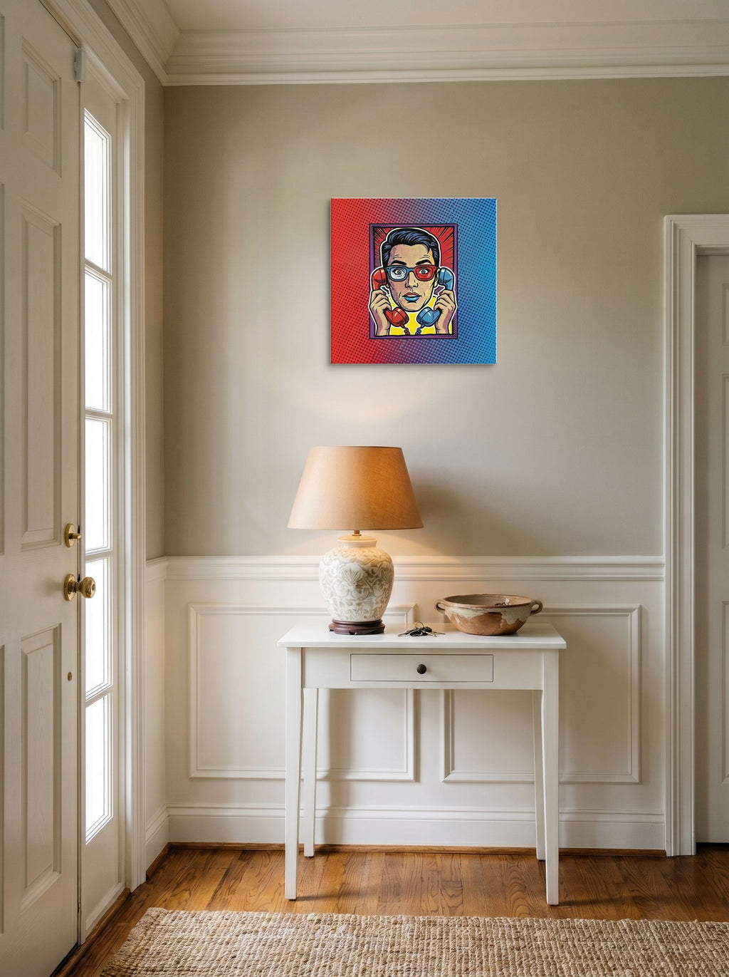 A 18x18 inch canvas Pop art print of 'Bipartisan Static' hanging in an entryway near a console.