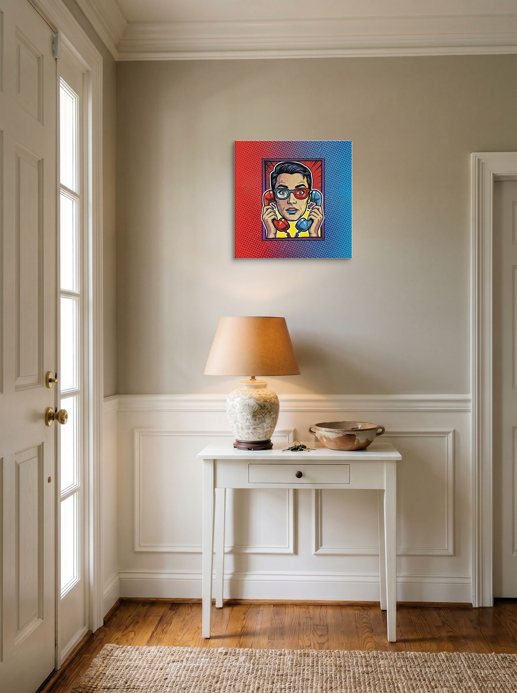 A 18x18 inch canvas Pop art print of 'Bipartisan Static' hanging in an entryway near a console.