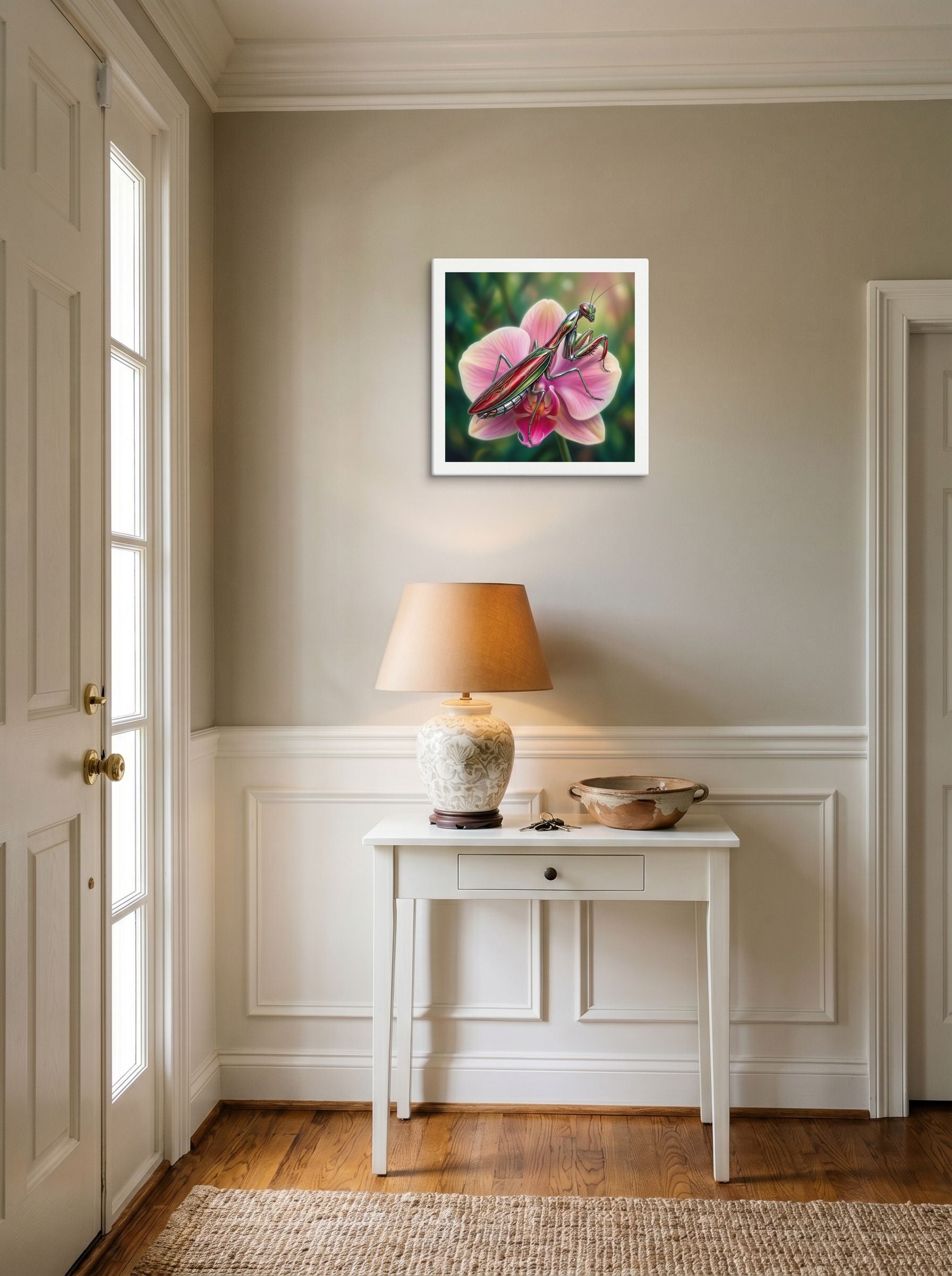 A 18x18 inch canvas Surrealism print of 'Chrome Mantis' hanging in an entryway near a console.