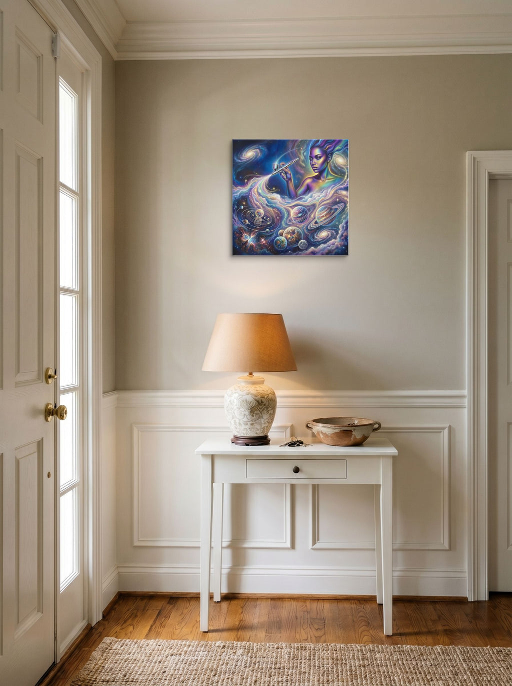 A 18x18 inch canvas Space art print of 'The Cosmic Painter' hanging in an entryway near a console.
