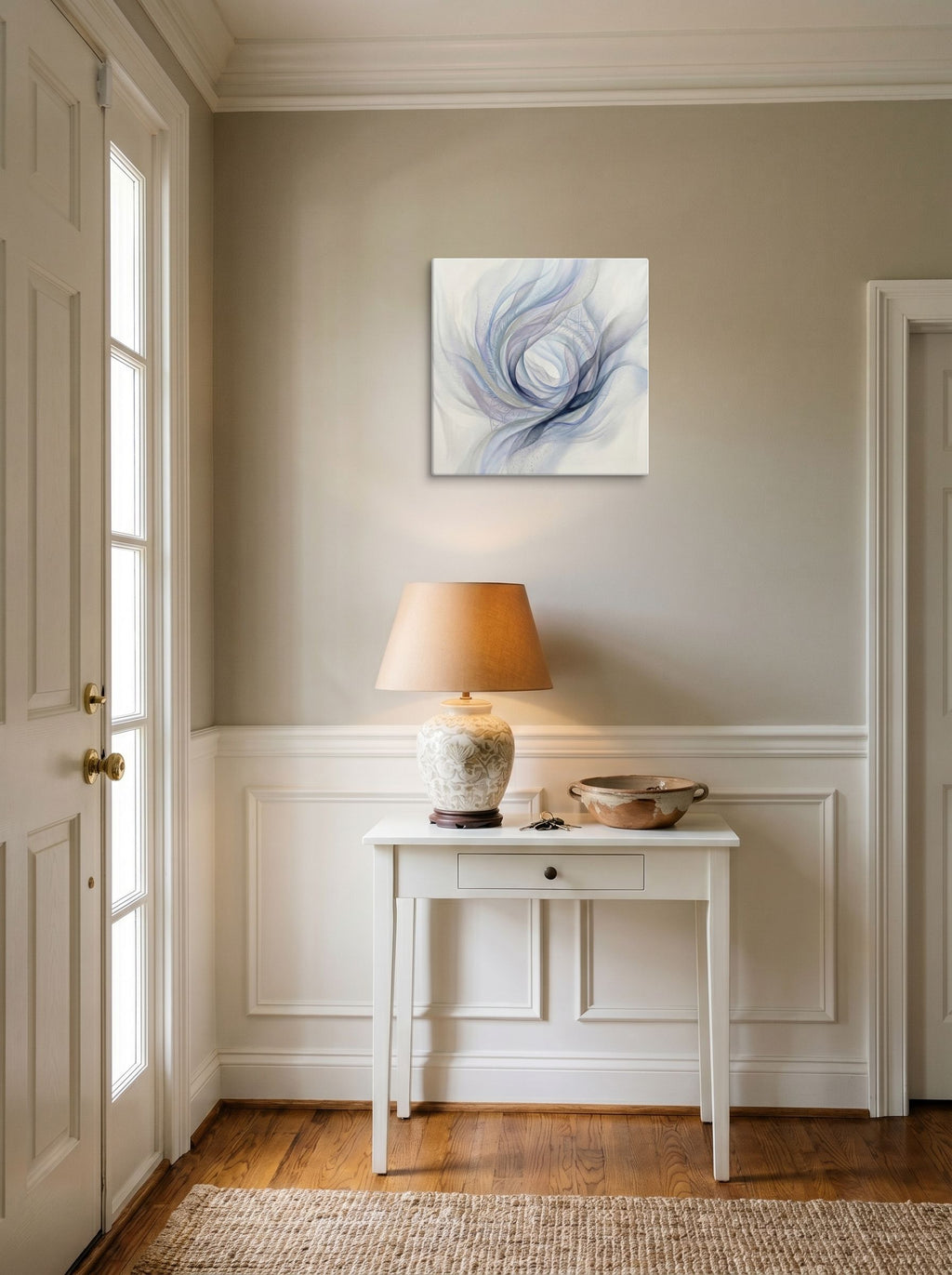 A 18x18 inch canvas Abstract art print of 'Ethereal Whispers in the Vortex' hanging in an entryway near a console.