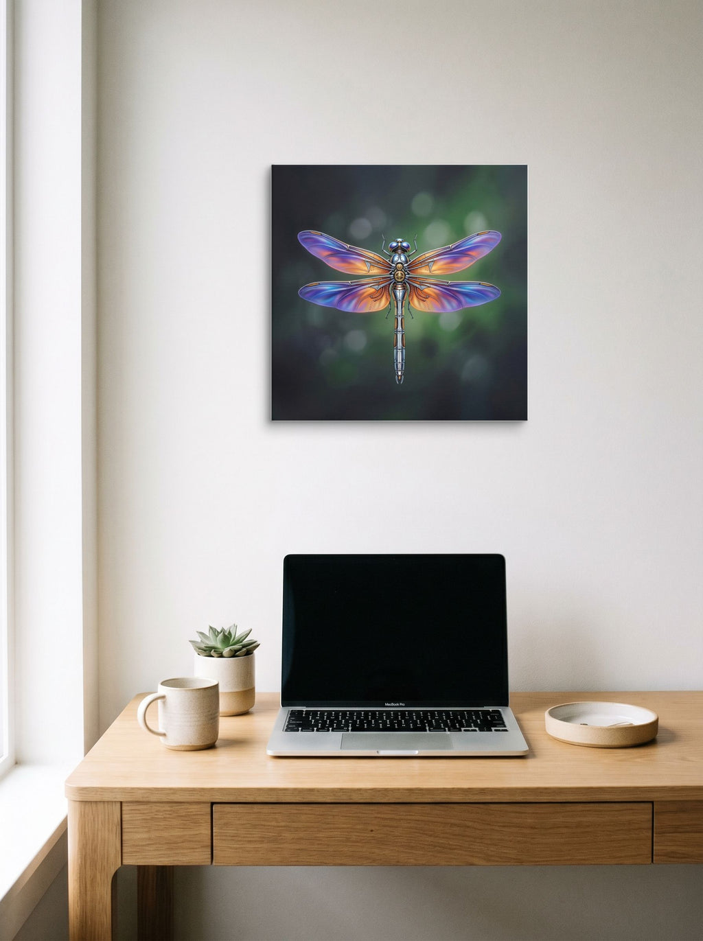 A 18x18 inch canvas Surrealism print of 'Gears of the Dragonfly' hanging above a worktable with a laptop.