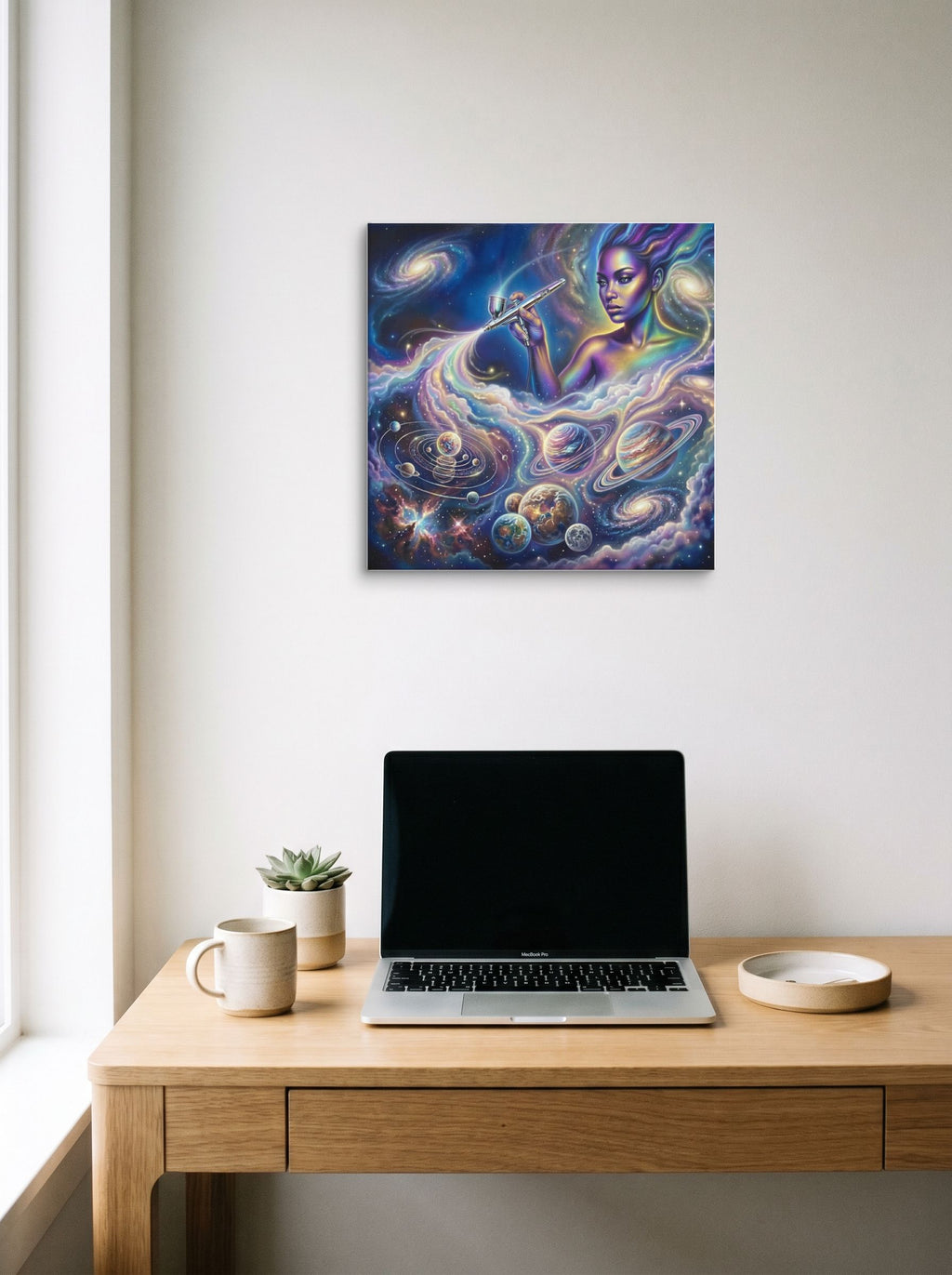 A 18x18 inch canvas Space art print of 'The Cosmic Painter' hanging above a worktable with a laptop.