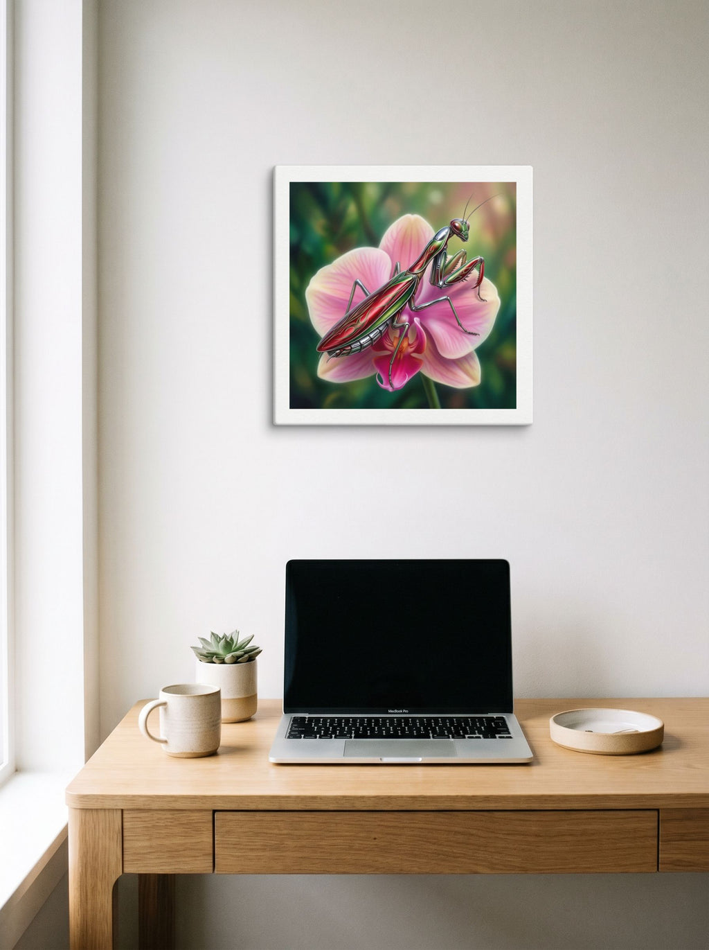 A 18x18 inch canvas Surrealism print of 'Chrome Mantis' hanging above a worktable with a laptop.