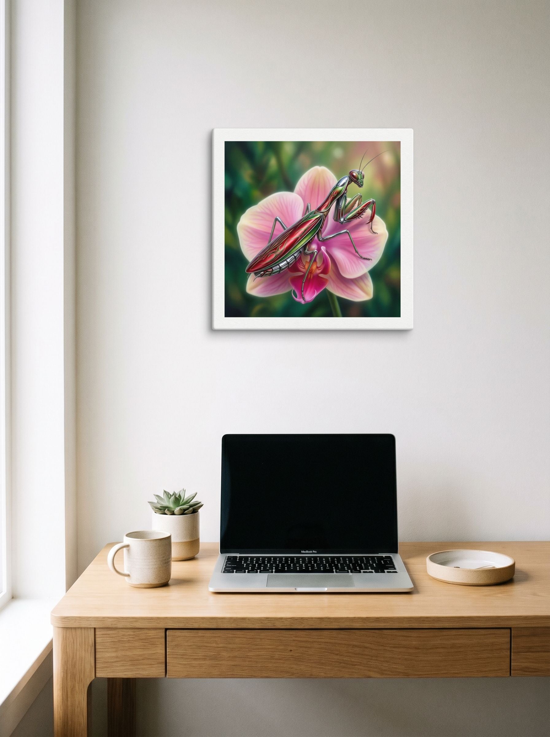 A 18x18 inch canvas Surrealism print of 'Chrome Mantis' hanging above a worktable with a laptop.