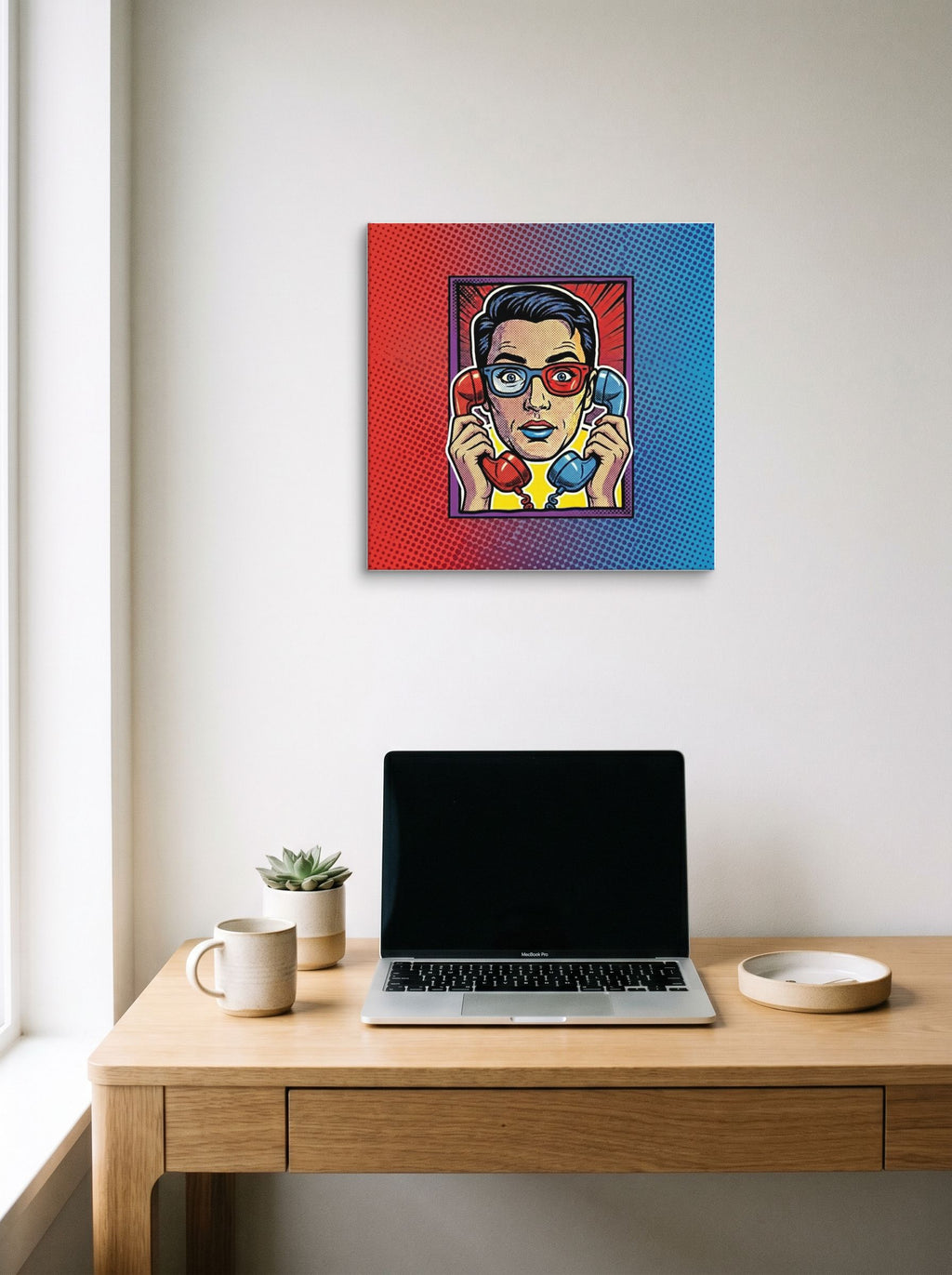 A 18x18 inch canvas Pop art print of 'Bipartisan Static' hanging above a worktable with a laptop.