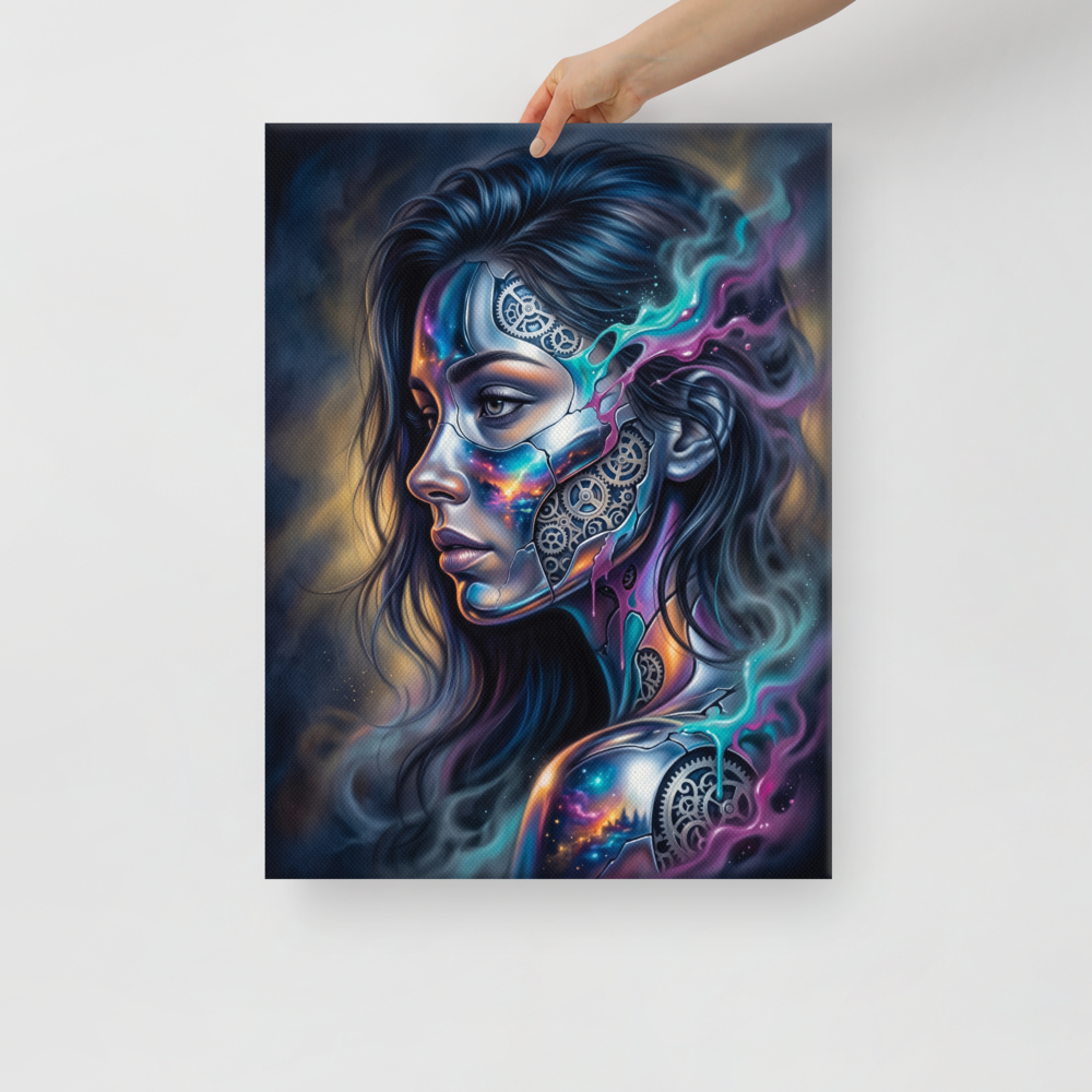 'Cosmic Clockwork' — a Surrealism print. A surreal cyberpunk portrait of a woman with gears and galaxies inside her face for a game room, framed by glowing teal and pink smoke.