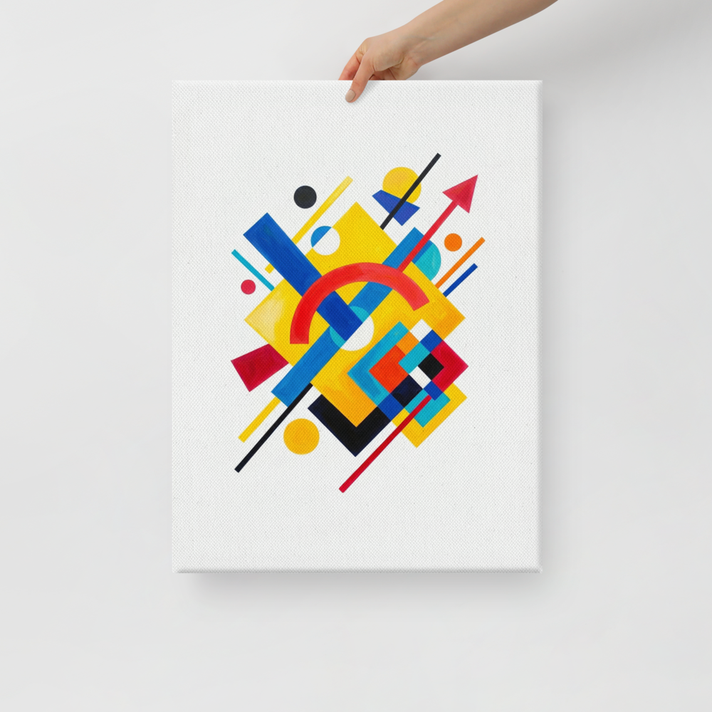'Directional Energy' — a Suprematism print. A vivid abstract painting featuring overlapping geometric shapes like rectangles, circles, and an arrow in primary colors, a bold addition to a Living Room.