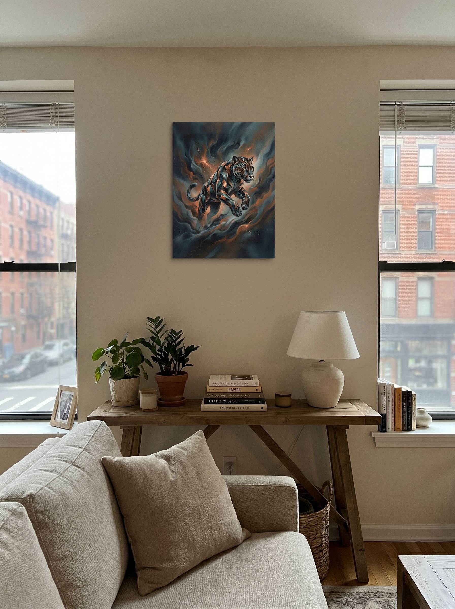 A 18x24 inch canvas Digital art print of 'Phantom Leap' displayed in the center of a living room.