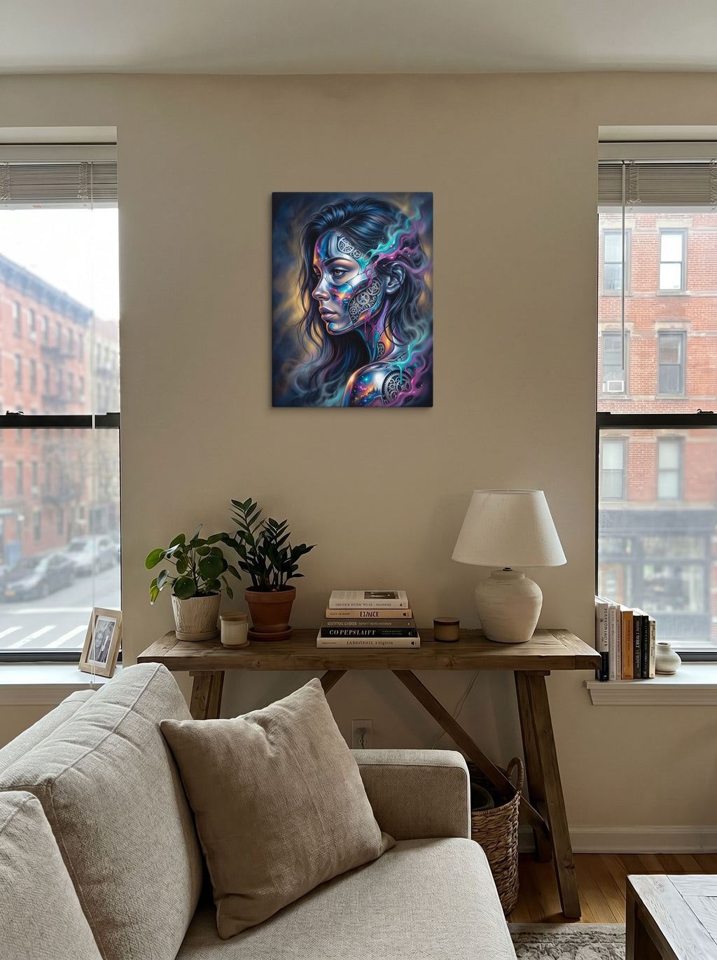 A 18x24 inch canvas Surrealism print of 'Cosmic Clockwork' displayed in the center of a living room.