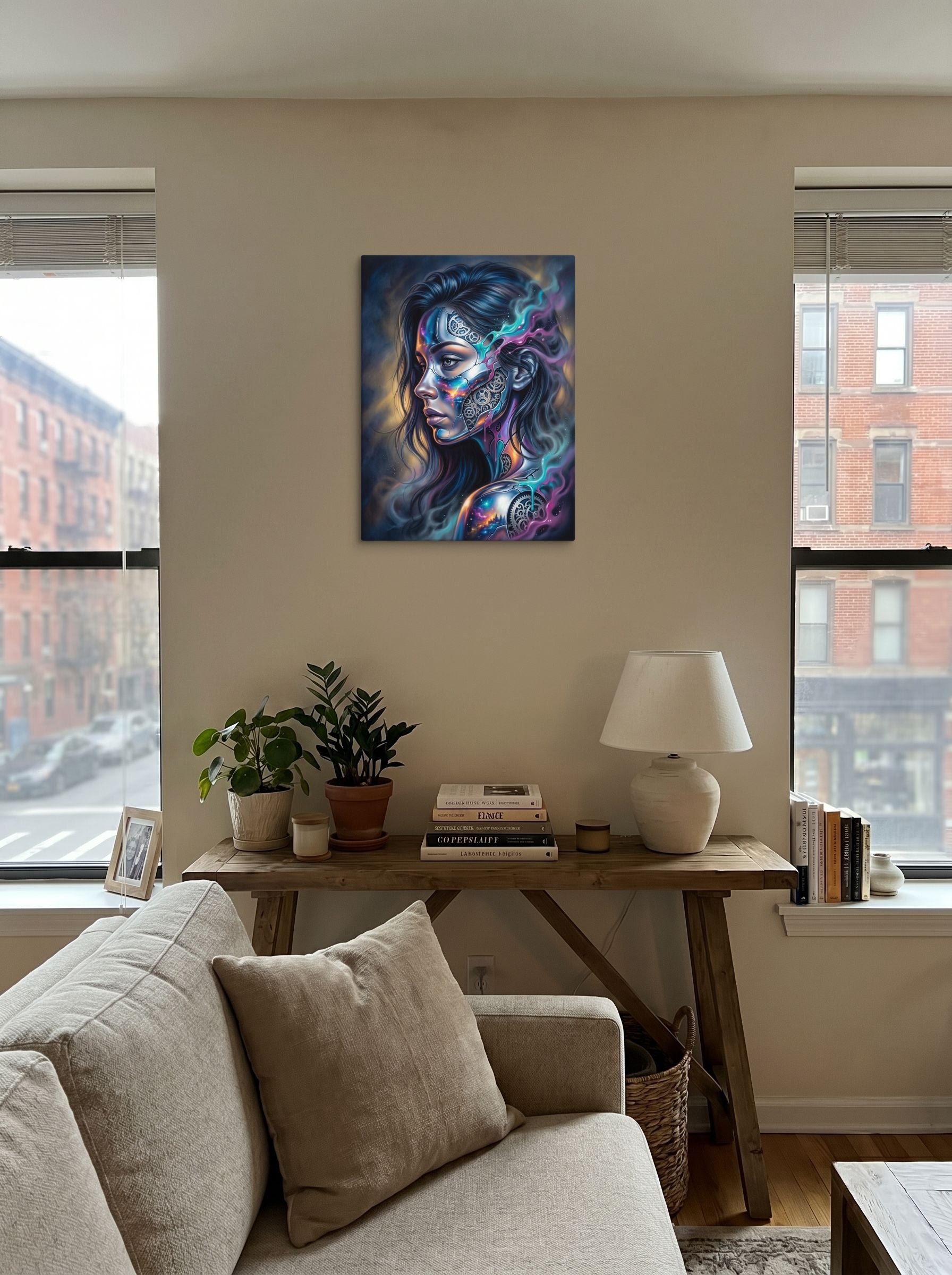 A 18x24 inch canvas Surrealism print of 'Cosmic Clockwork' displayed in the center of a living room.