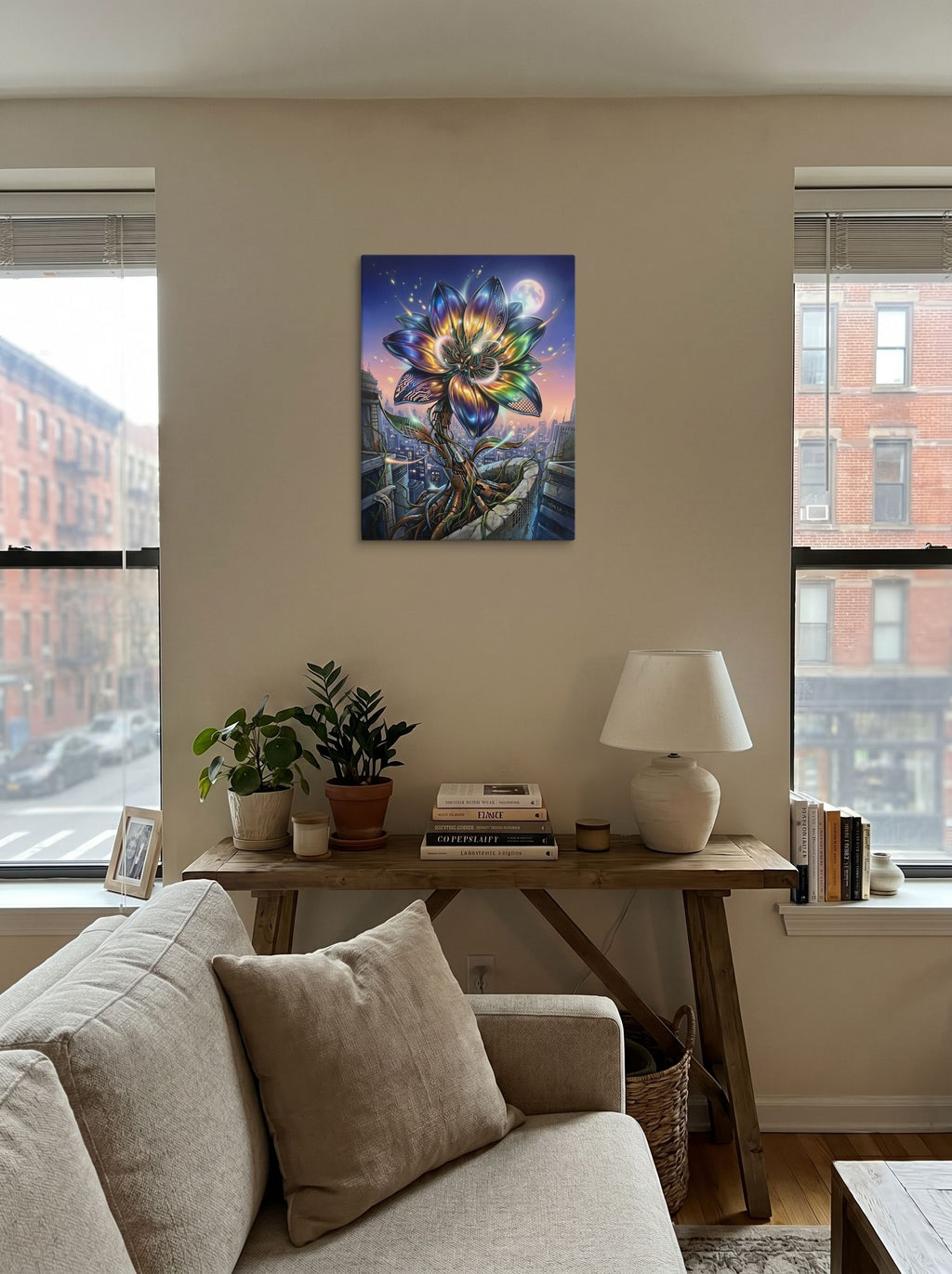 A 18x24 inch canvas Digital art print of 'Cybernetic Bloom' displayed in the center of a living room.