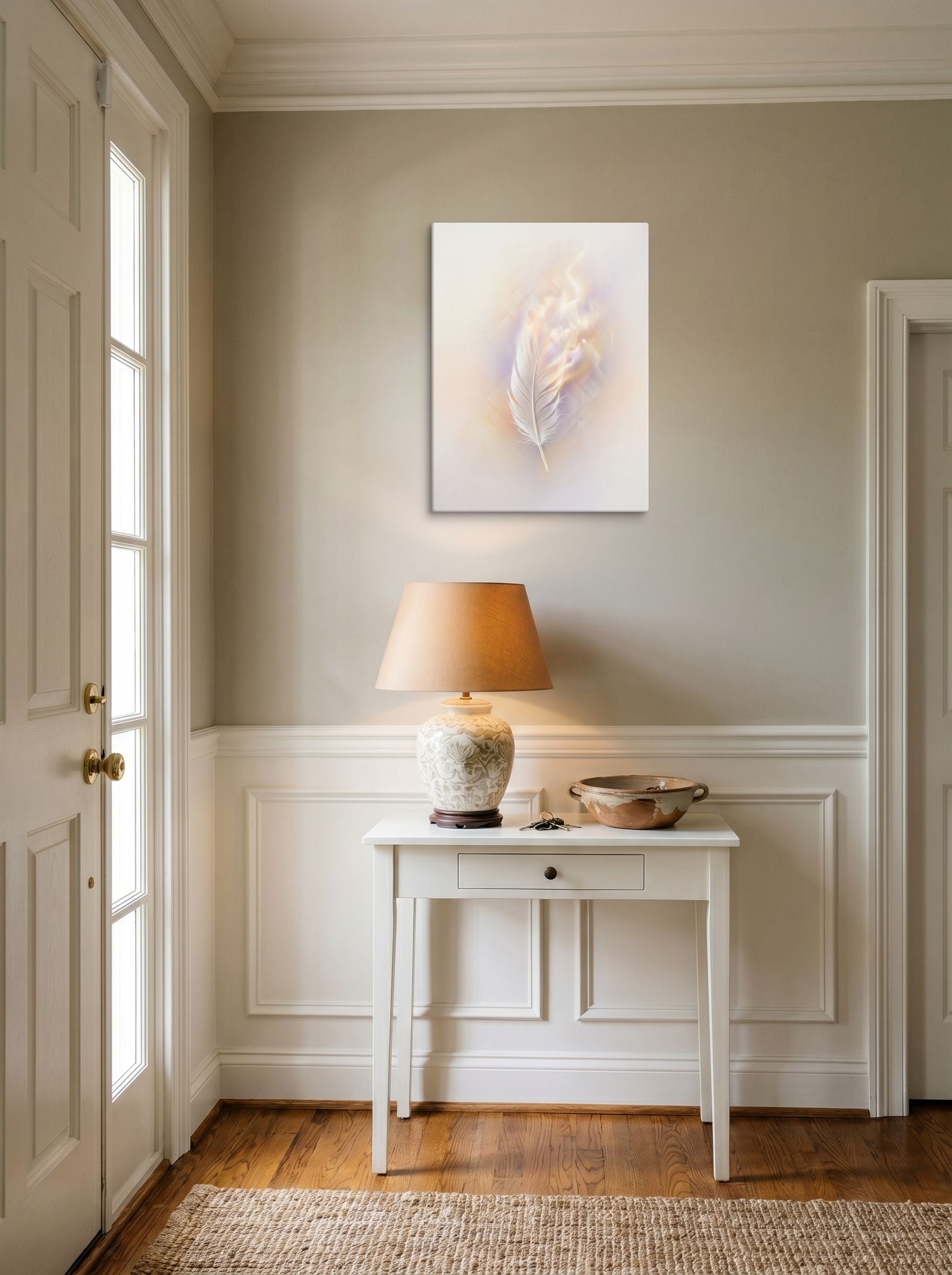 A 18x24 inch canvas Abstract art print of 'Ethereal Plume' hanging in an entryway near a console.