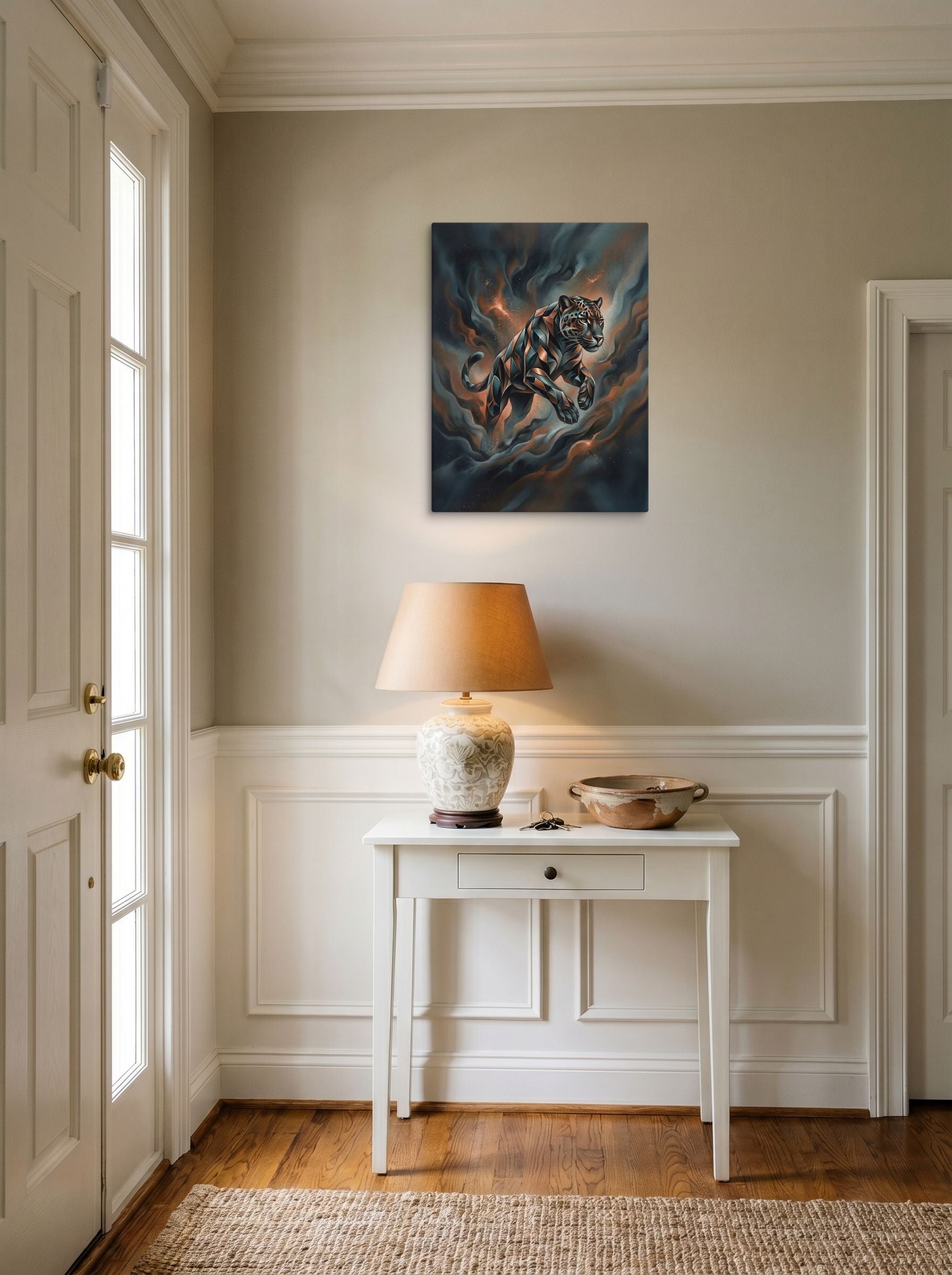 A 18x24 inch canvas Digital art print of 'Phantom Leap' hanging in an entryway near a console.