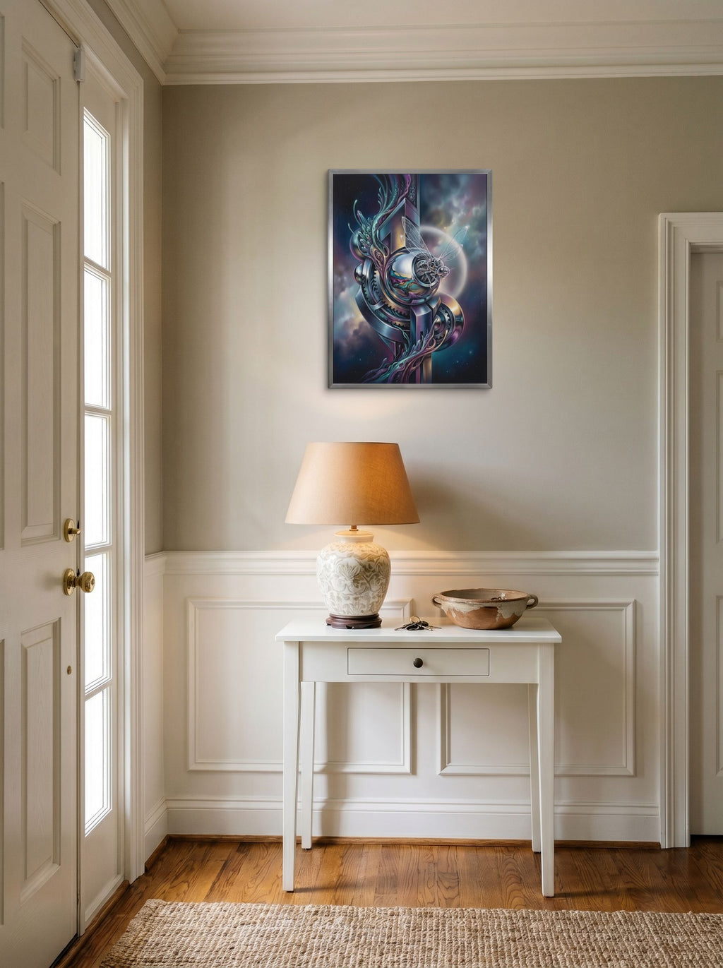 A 18x24 inch canvas Surrealism print of 'The Clockwork Aviator' hanging in an entryway near a console.