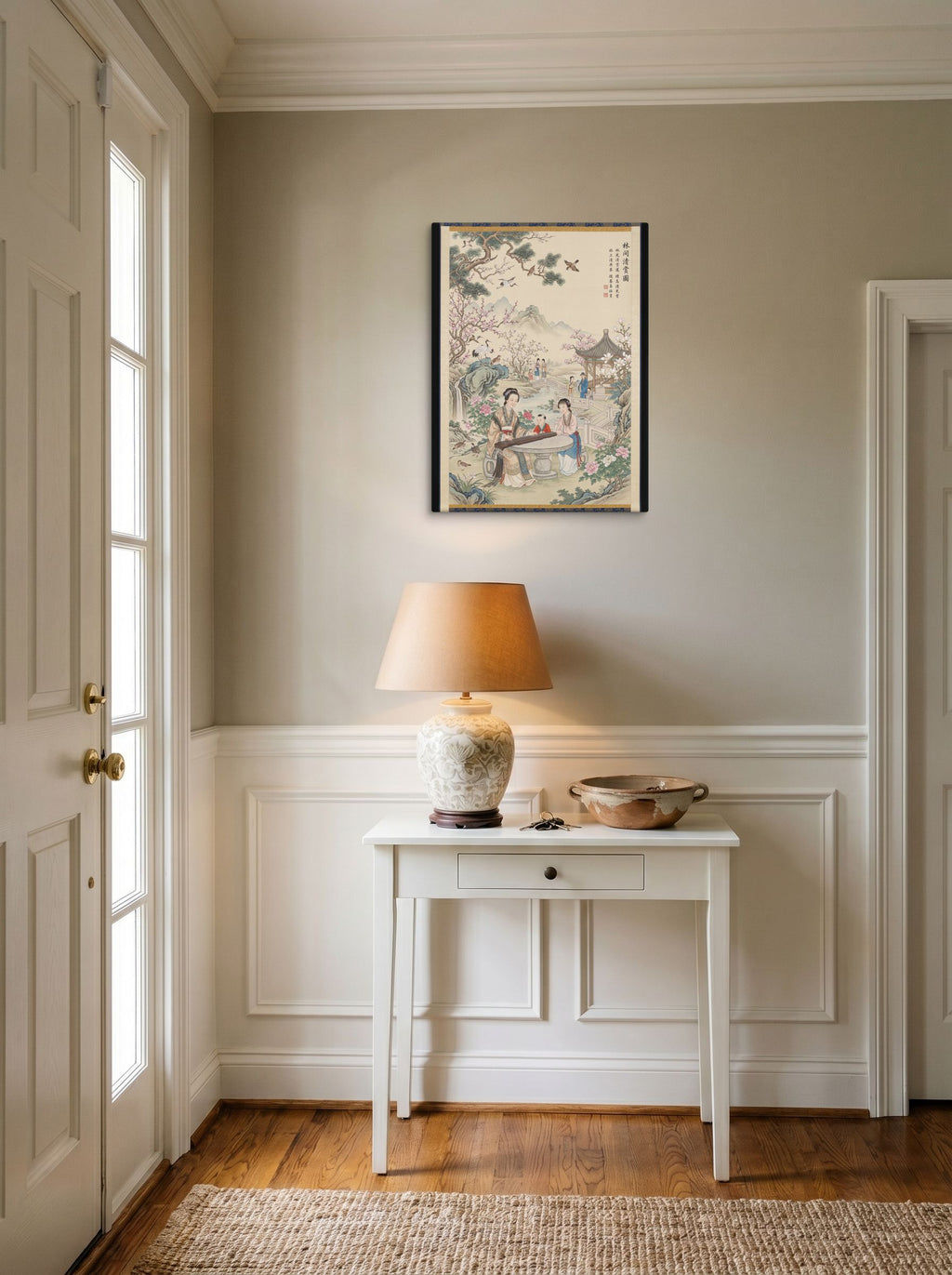 A 18x24 inch canvas Fine Art print of 'Melody in the Spring Garden' hanging in an entryway near a console.