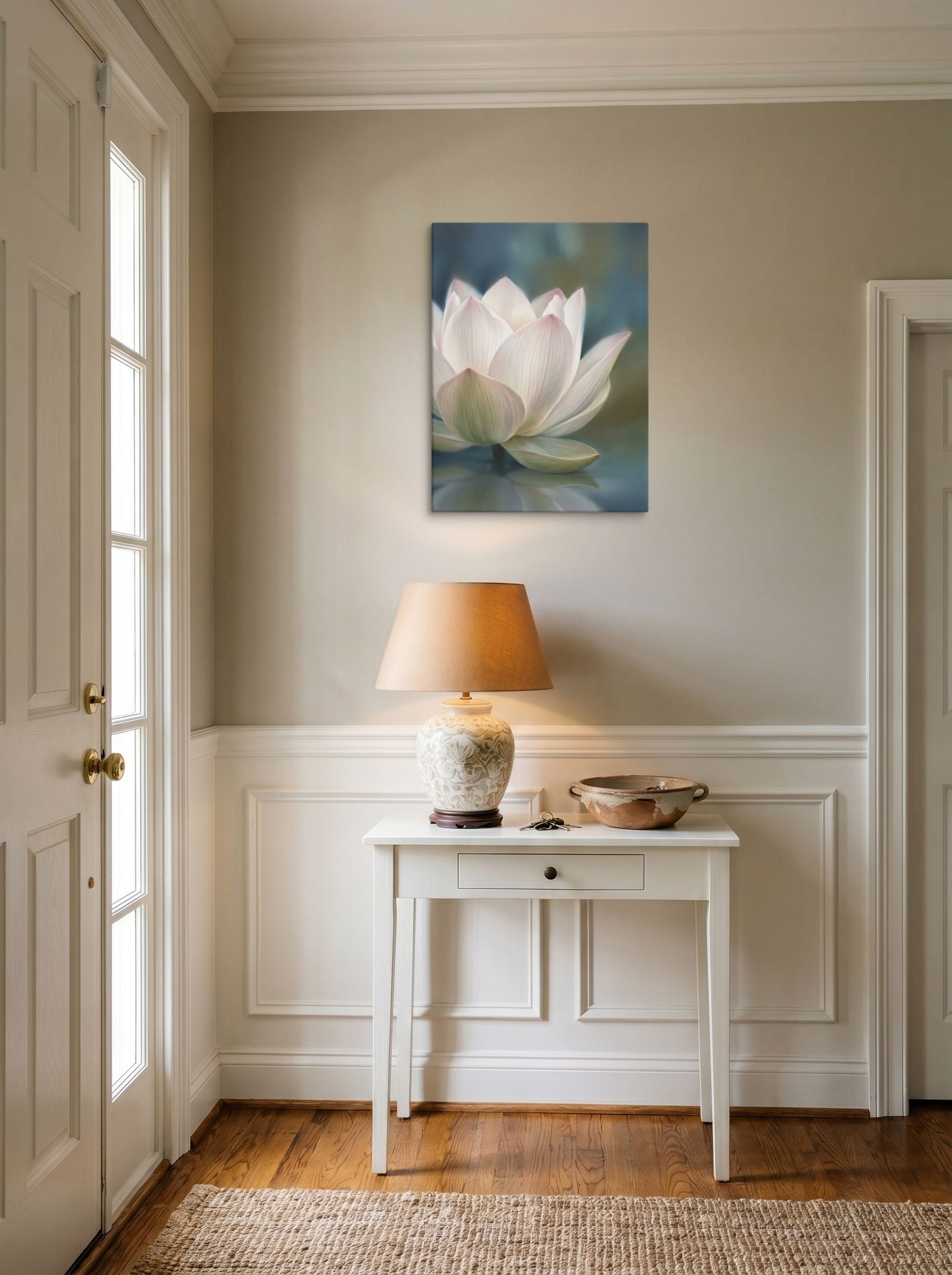 A 18x24 inch canvas Realism print of 'Serene Lotus Reflection' hanging in an entryway near a console.