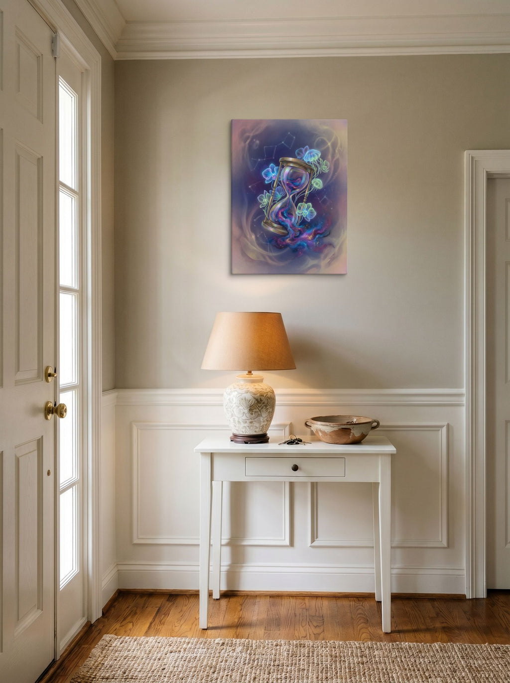 A 18x24 inch canvas Magic realism print of 'Sands of the Nebula' hanging in an entryway near a console.