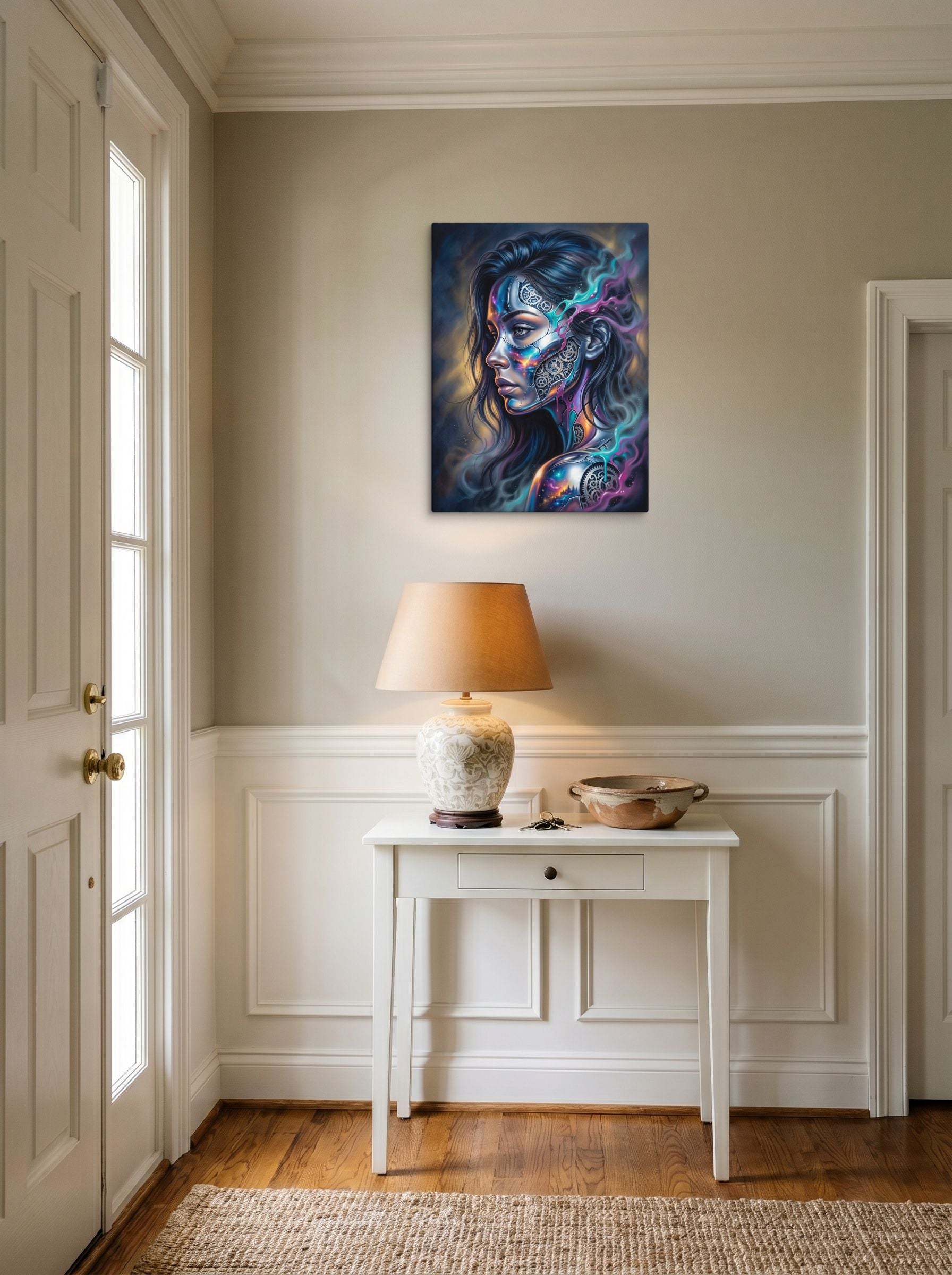 A 18x24 inch canvas Surrealism print of 'Cosmic Clockwork' hanging in an entryway near a console.