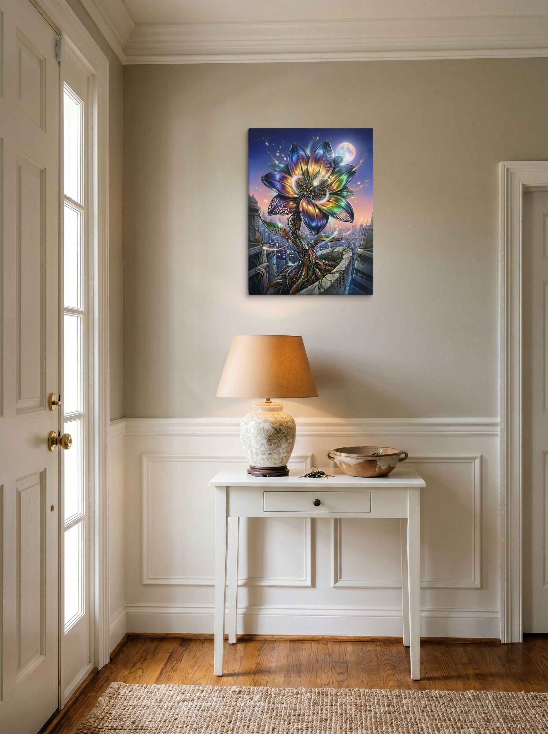 A 18x24 inch canvas Digital art print of 'Cybernetic Bloom' hanging in an entryway near a console.