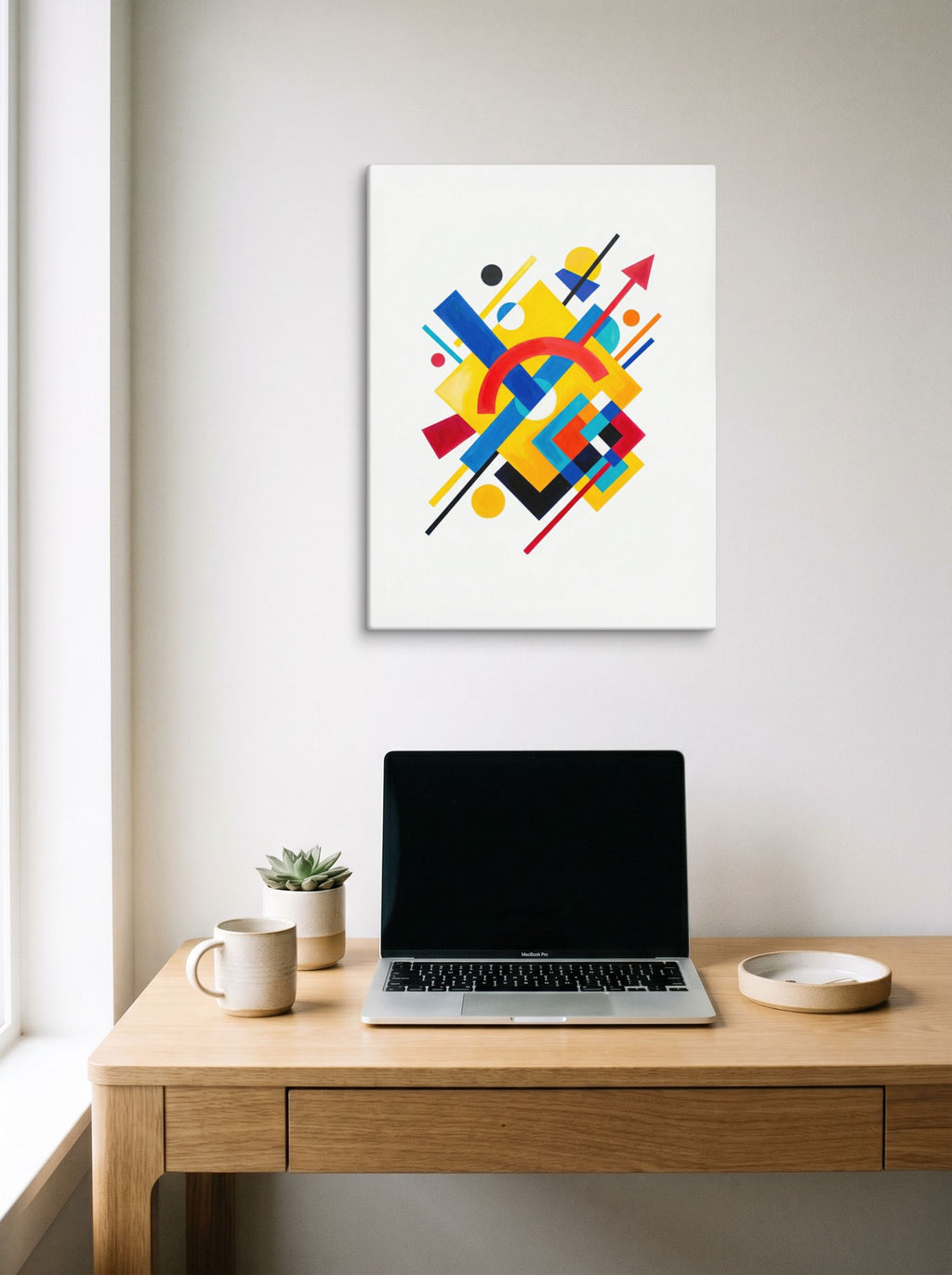 A 18x24 inch canvas Suprematism print of 'Directional Energy' hanging above a worktable with a laptop.