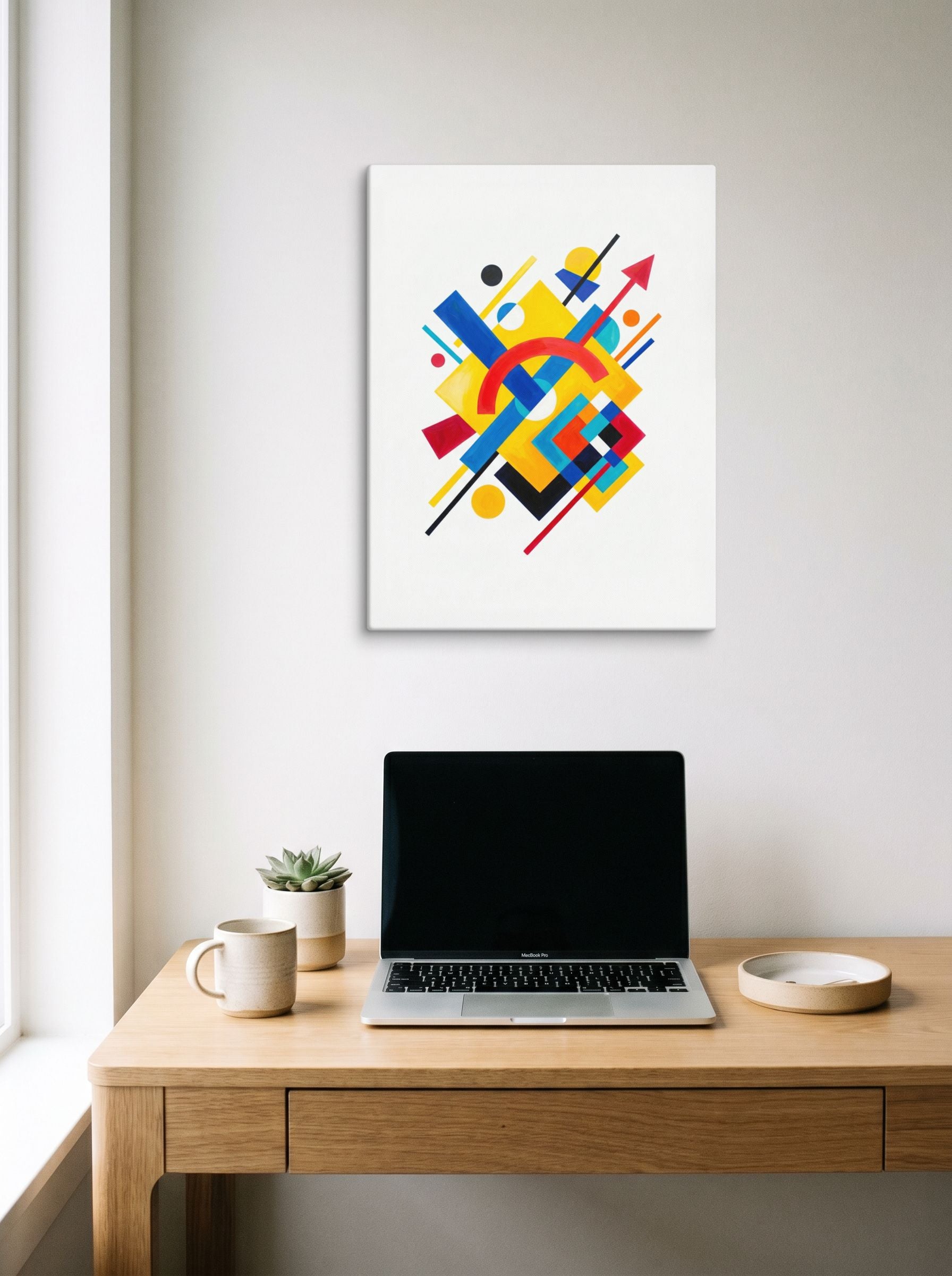 A 18x24 inch canvas Suprematism print of 'Directional Energy' hanging above a worktable with a laptop.
