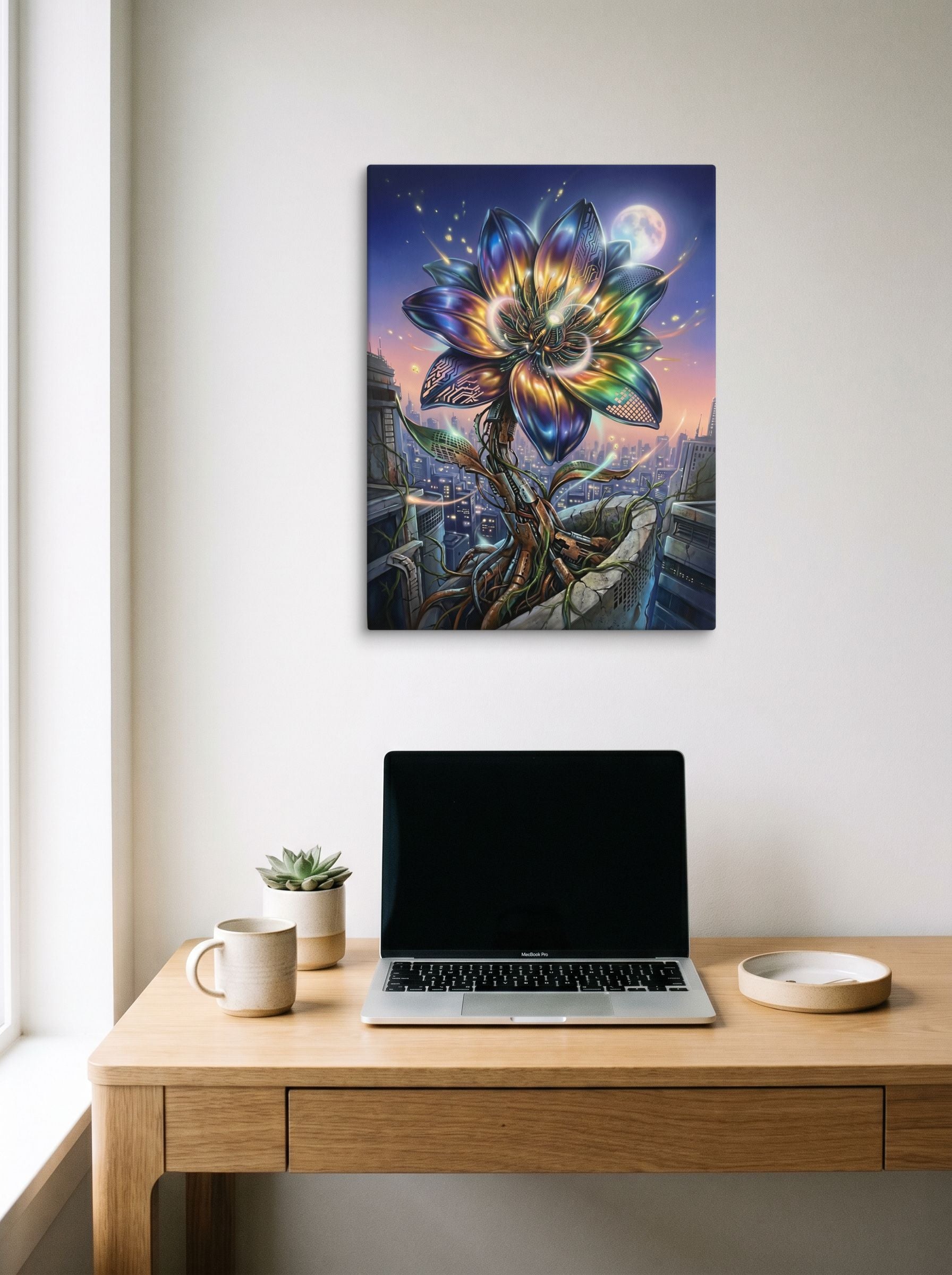 A 18x24 inch canvas Digital art print of 'Cybernetic Bloom' hanging above a worktable with a laptop.