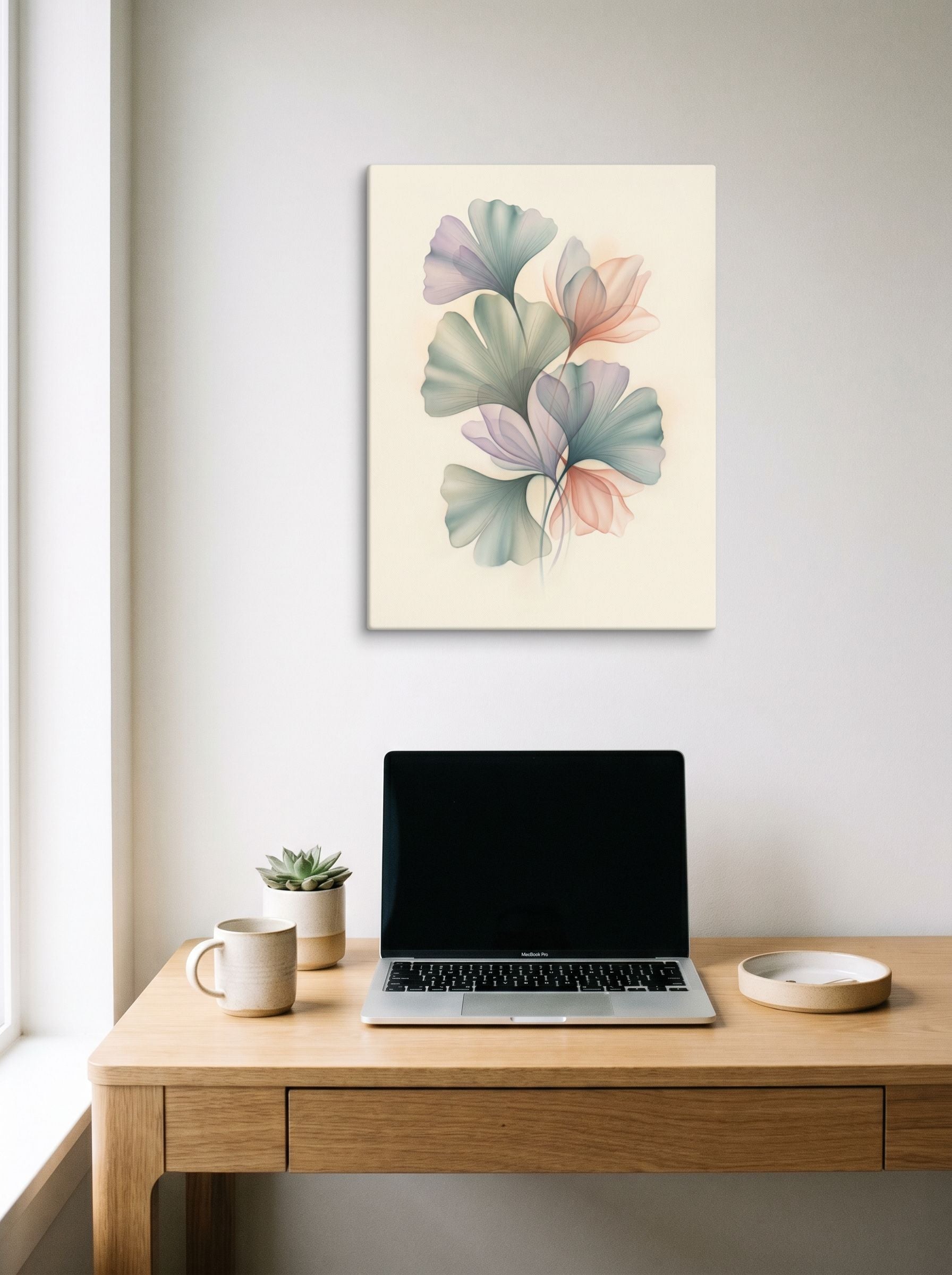 A 18x24 inch canvas Abstract art print of 'Ethereal Ginkgo Whispers' hanging above a worktable with a laptop.
