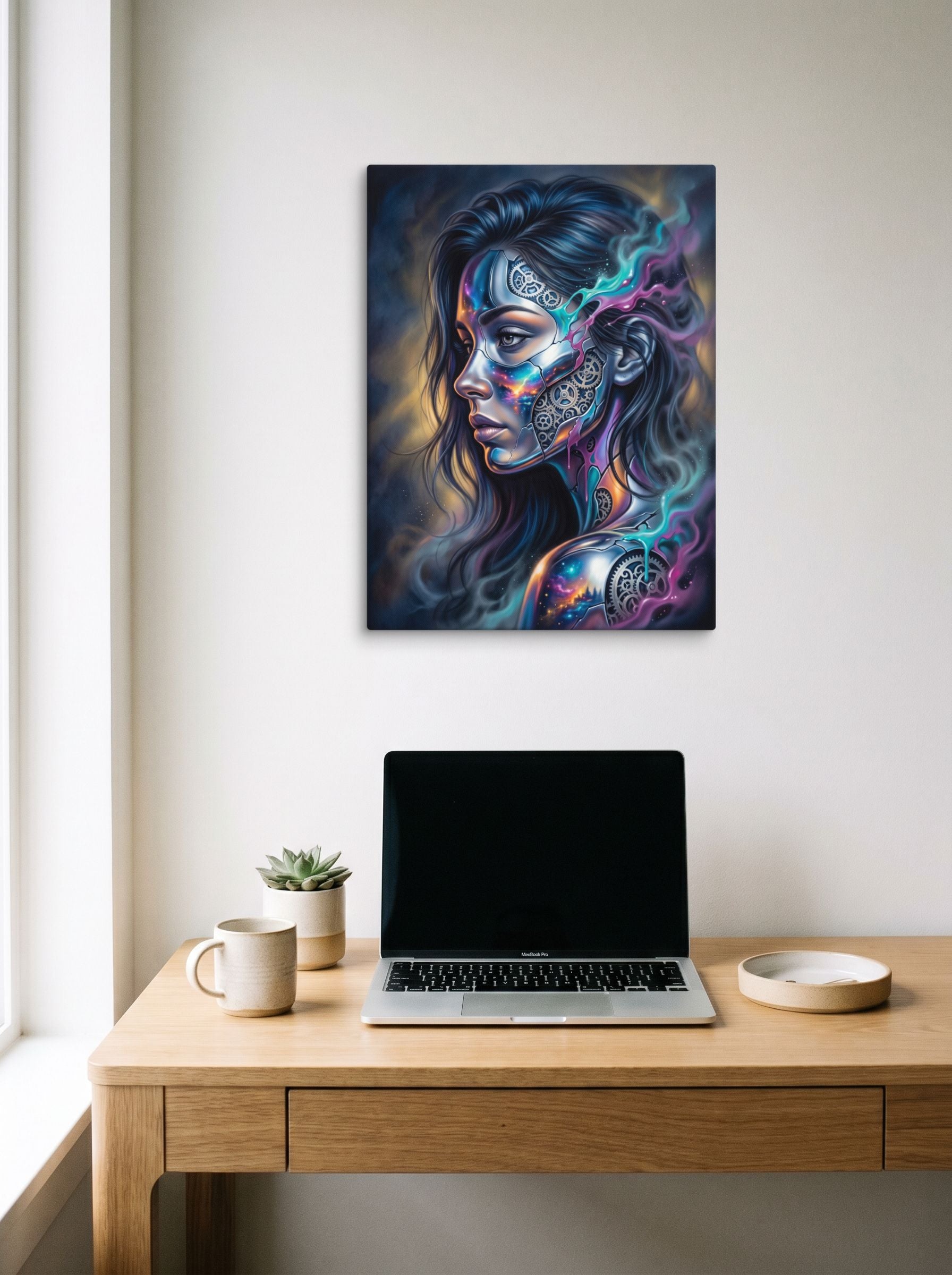 A 18x24 inch canvas Surrealism print of 'Cosmic Clockwork' hanging above a worktable with a laptop.