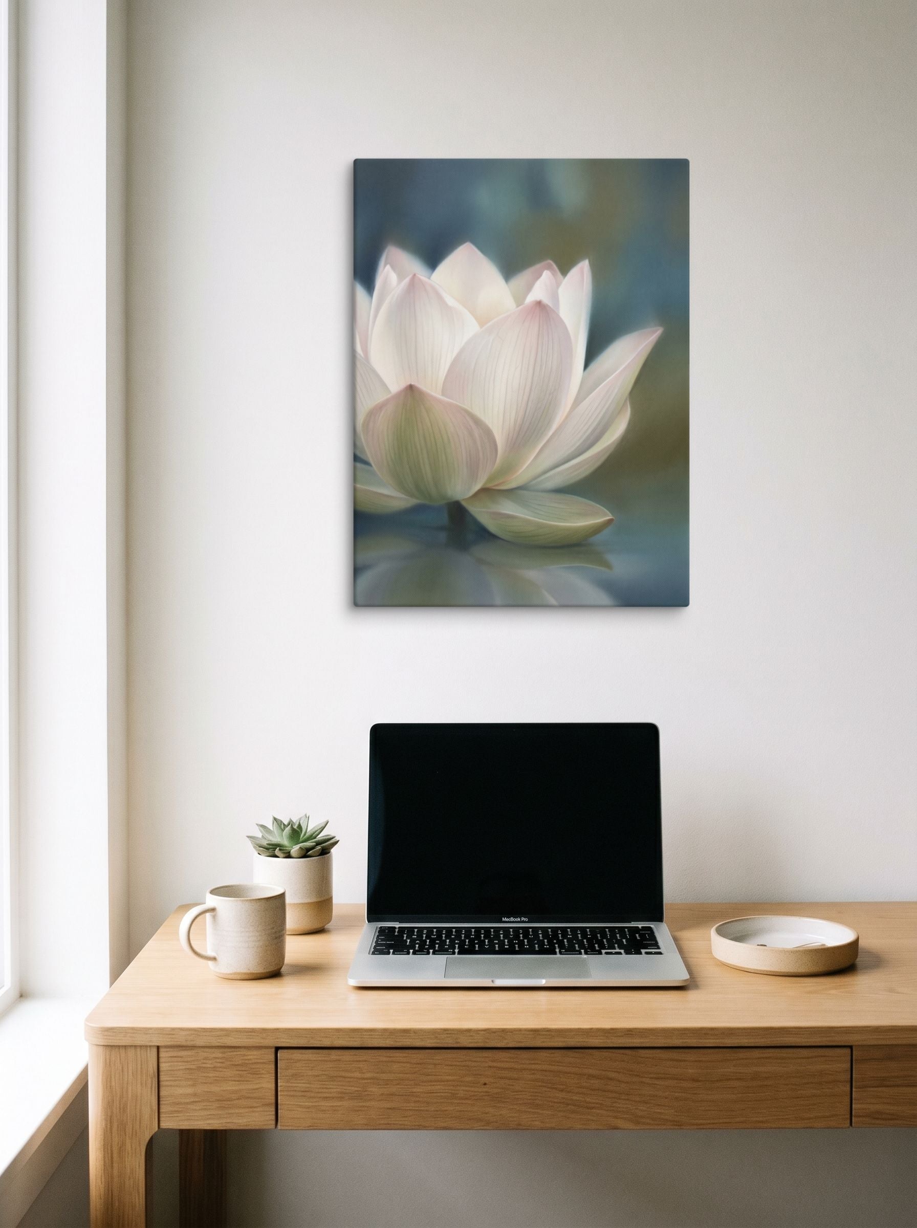 A 18x24 inch canvas Realism print of 'Serene Lotus Reflection' hanging above a worktable with a laptop.