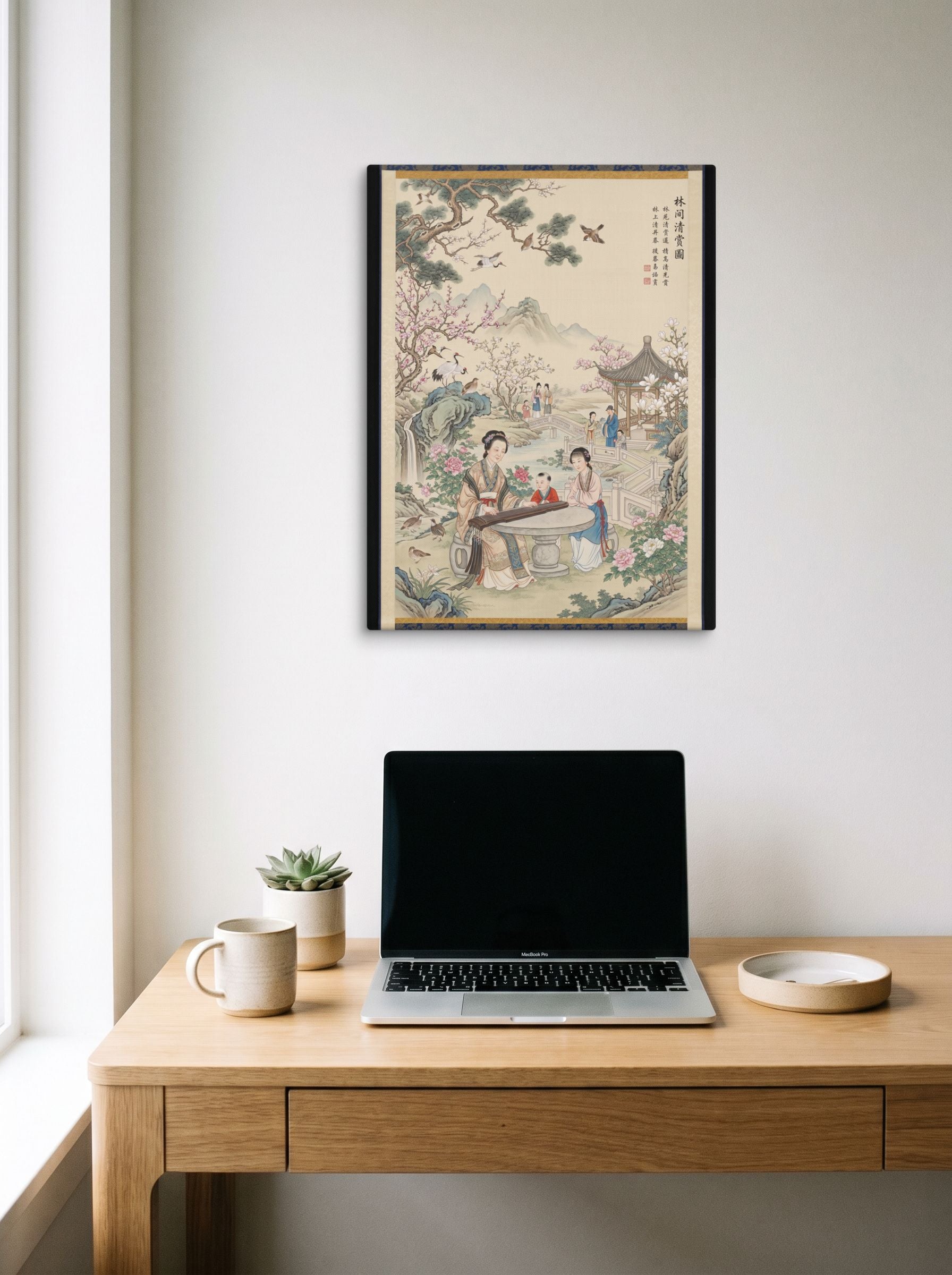 A 18x24 inch canvas Fine Art print of 'Melody in the Spring Garden' hanging above a worktable with a laptop.