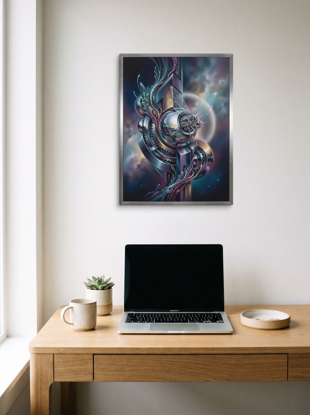 A 18x24 inch canvas Surrealism print of 'The Clockwork Aviator' hanging above a worktable with a laptop.