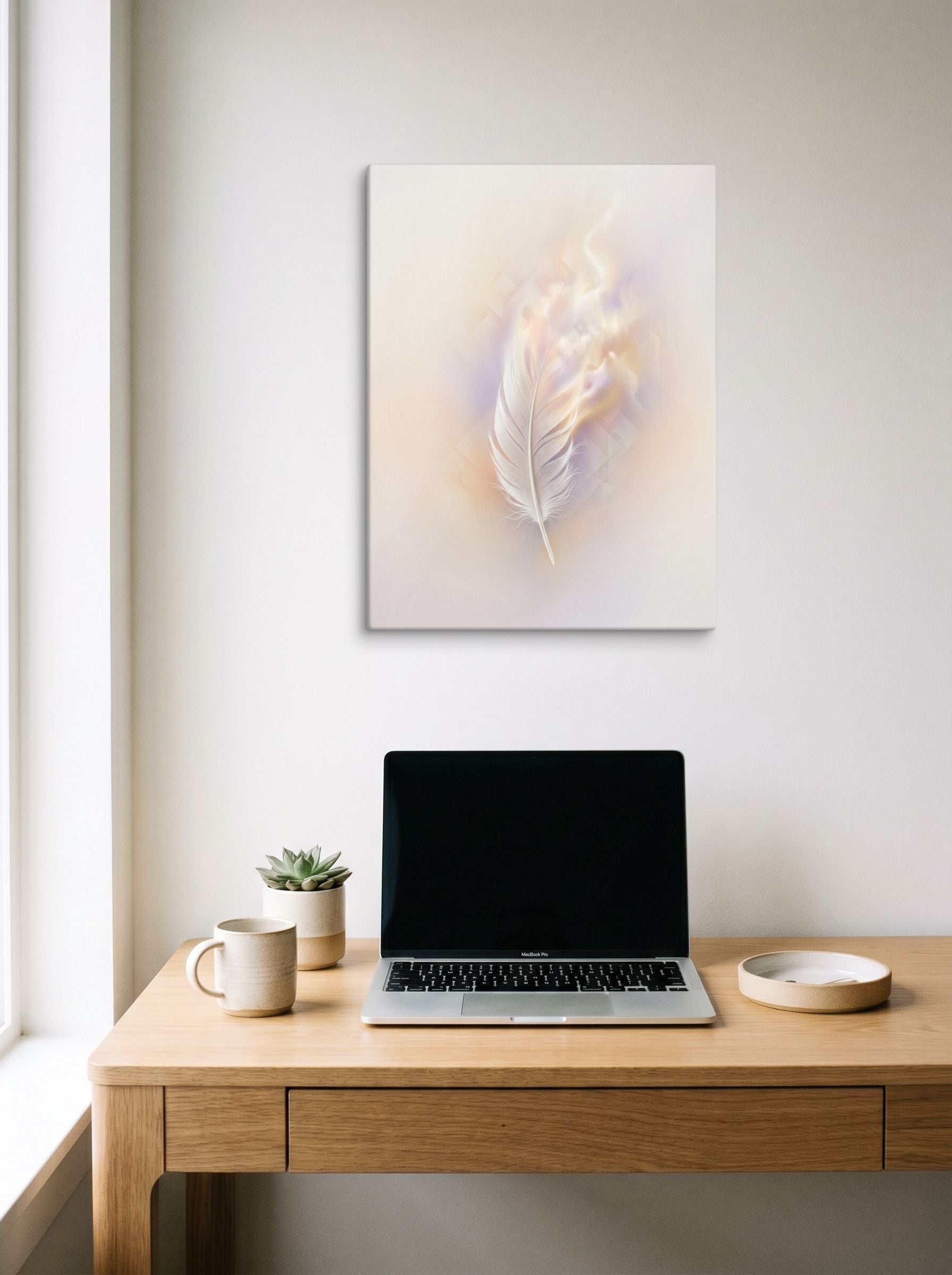 A 18x24 inch canvas Abstract art print of 'Ethereal Plume' hanging above a worktable with a laptop.