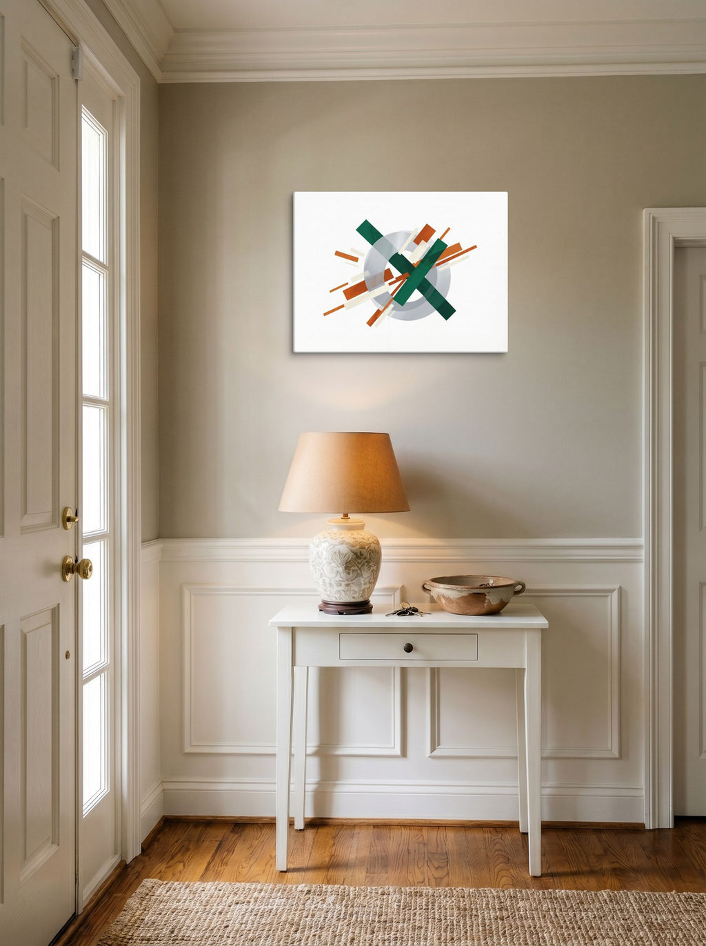 A 24x18 inch canvas Suprematism print of 'Intersecting Perspectives' hanging in an entryway near a console.