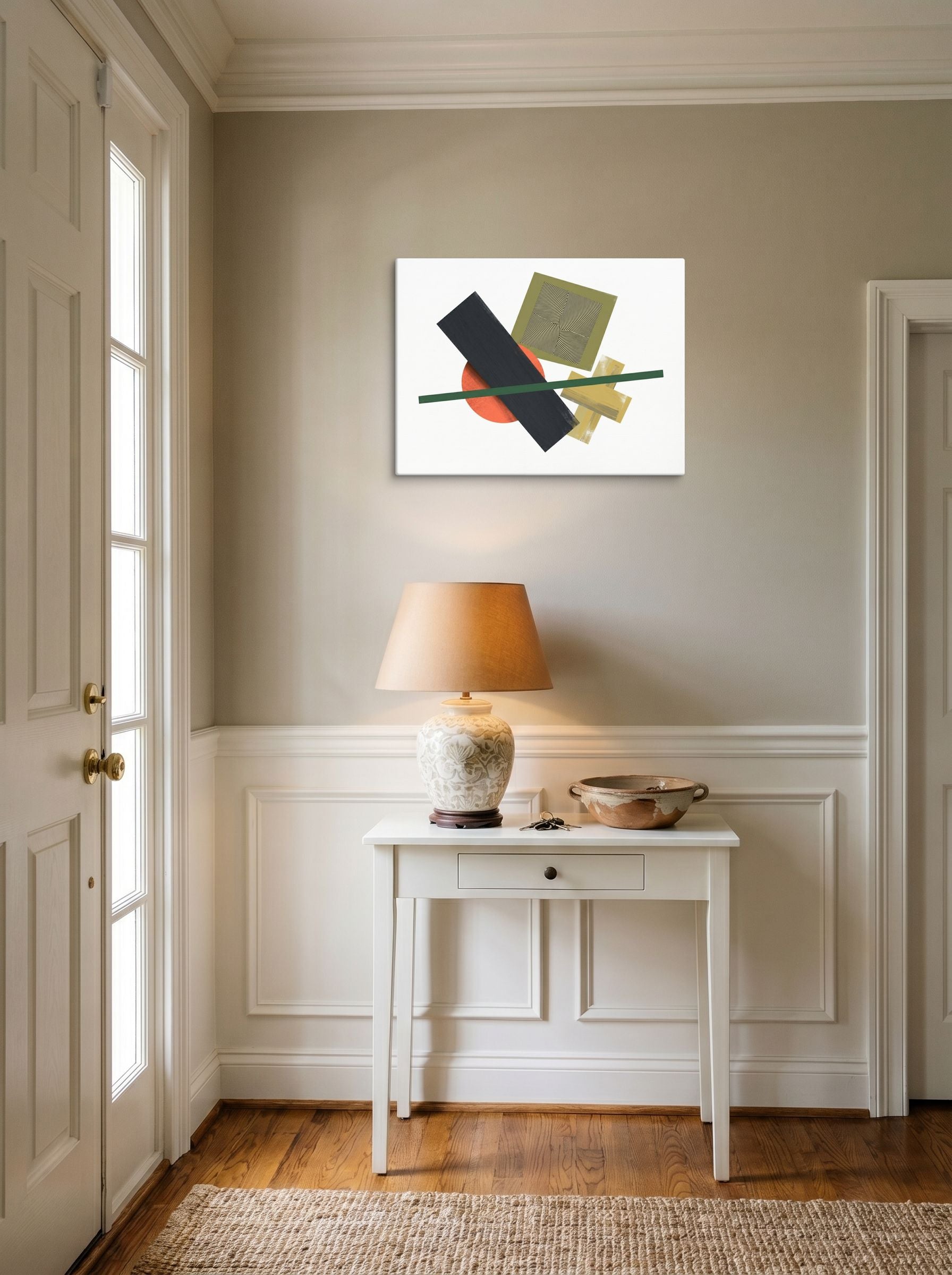 A 24x18 inch canvas Suprematism print of 'The Geometry of Sound' hanging in an entryway near a console.