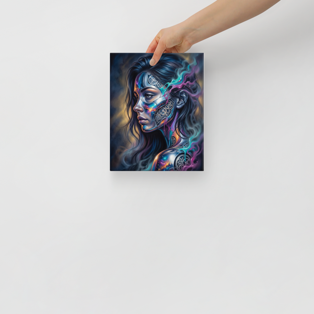 'Cosmic Clockwork' — a Surrealism print. A surreal cyberpunk portrait of a woman with gears and galaxies inside her face for a game room, framed by glowing teal and pink smoke.