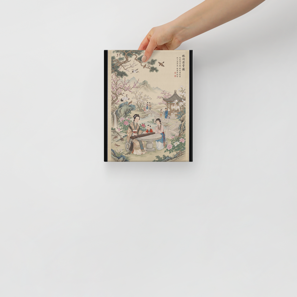 'Melody in the Spring Garden' — a Fine Art print. Perfect for a living room, this traditional Chinese Gongbi style painting features a woman playing a guqin in a lush garden with blossoming flowers, pine trees, cranes, a pavilion, and distant misty mountains.