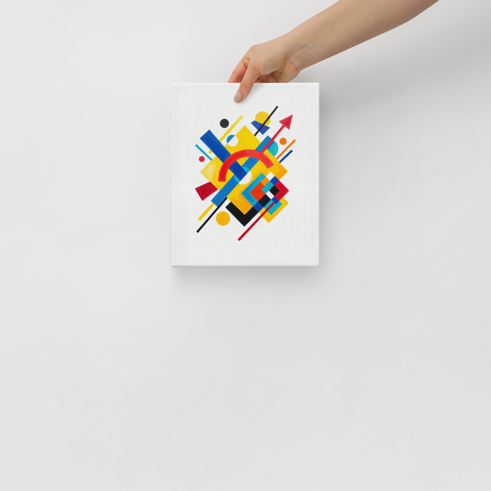 'Directional Energy' — a Suprematism print. A vivid abstract painting featuring overlapping geometric shapes like rectangles, circles, and an arrow in primary colors, a bold addition to a Living Room.