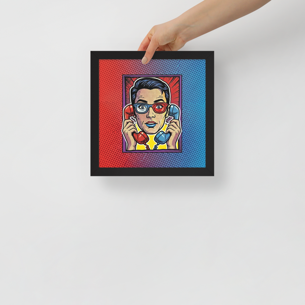 'Bipartisan Static' — a Pop art print. A pop art illustration of a confused woman wearing red and blue 3D glasses, holding a red telephone receiver to one ear and a blue one to the other, set against a red and blue halftone gradient, ideal for a Living Room.