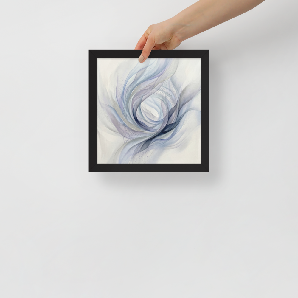'Ethereal Whispers in the Vortex' — a Abstract art print. An abstract painting featuring swirling smoky ribbons of lavender, grey, and deep blue circling a bright white center, with faint cursive writing and patterns in the background.