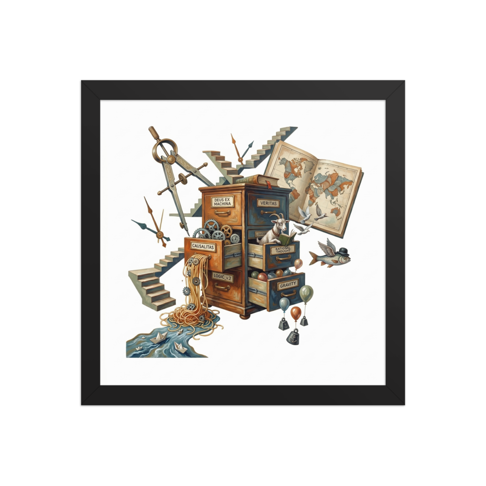 A surreal illustration of a wooden filing cabinet with drawers labeled 'Logic' and 'Causality', from which absurd objects like a reading goat, a winged fish, and a compass emerge into thin air.