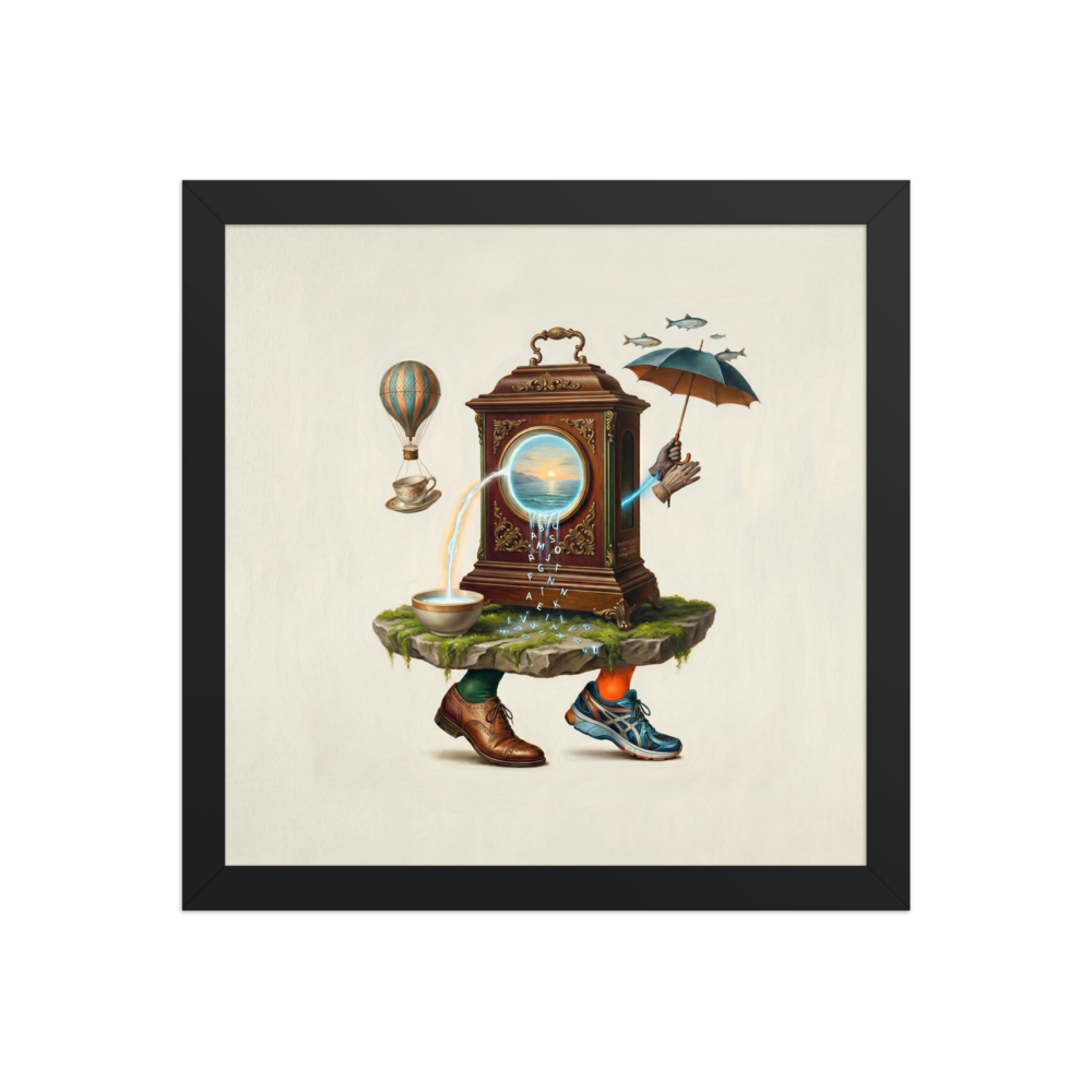 A surreal digital painting of an ornate grandfather clock on a floating rocky base with legs wearing a dress shoe and a sneaker, pouring water from a portal into a bowl, surrounded by a teacup hot air balloon, an umbrella, and flying fish.