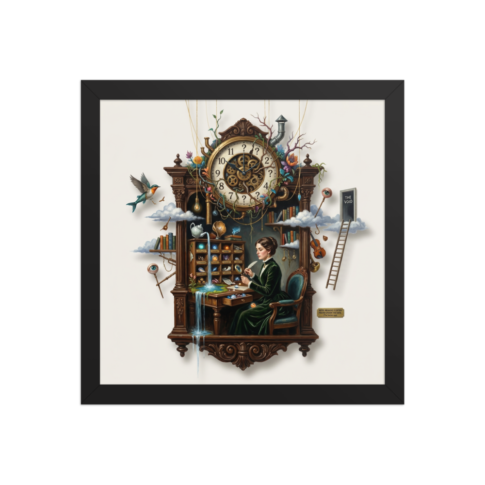 A surreal oil painting of an elaborate wooden cabinet topped with a giant vine-covered clock, featuring a woman writing at a desk with a glowing waterfall, floating books, eyes, instruments, and a ladder leading to a door labeled 'THE VOID'.
