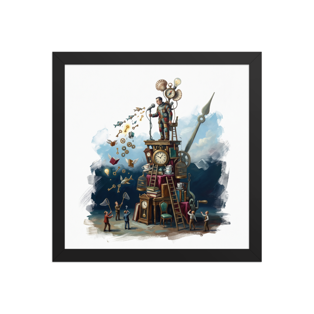 A surreal painting of a man standing on a tall tower made of antique clocks and books, speaking into a microphone that emits keys and fish, while small figures below try to catch them with nets.